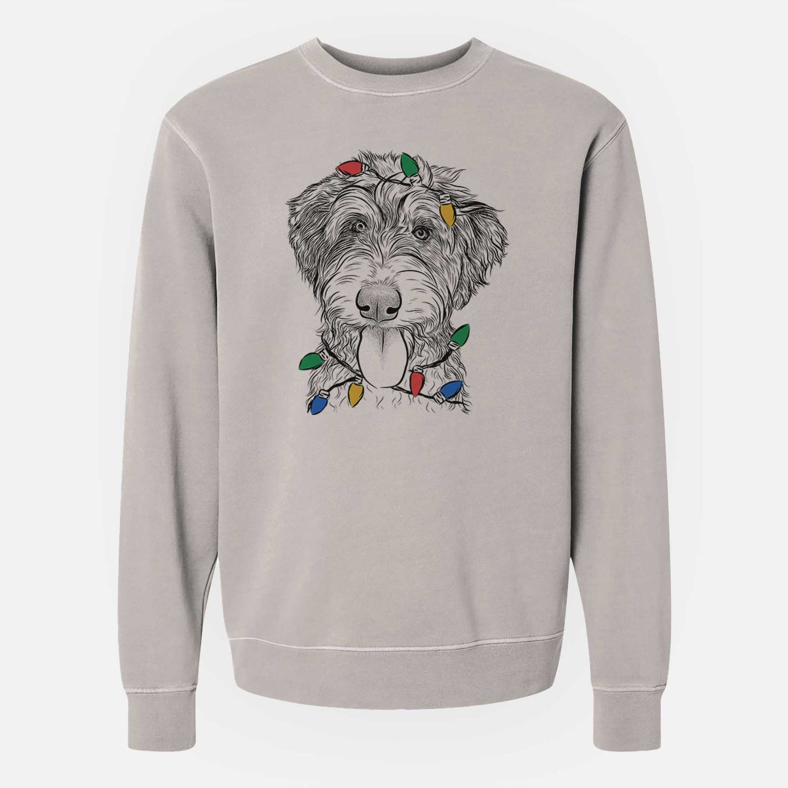 Hand-drawn sketch of Myrtle Mae the Aussiedoodle wrapped in Christmas lights on a Cement Unisex pigment dyed crew sweatshirt