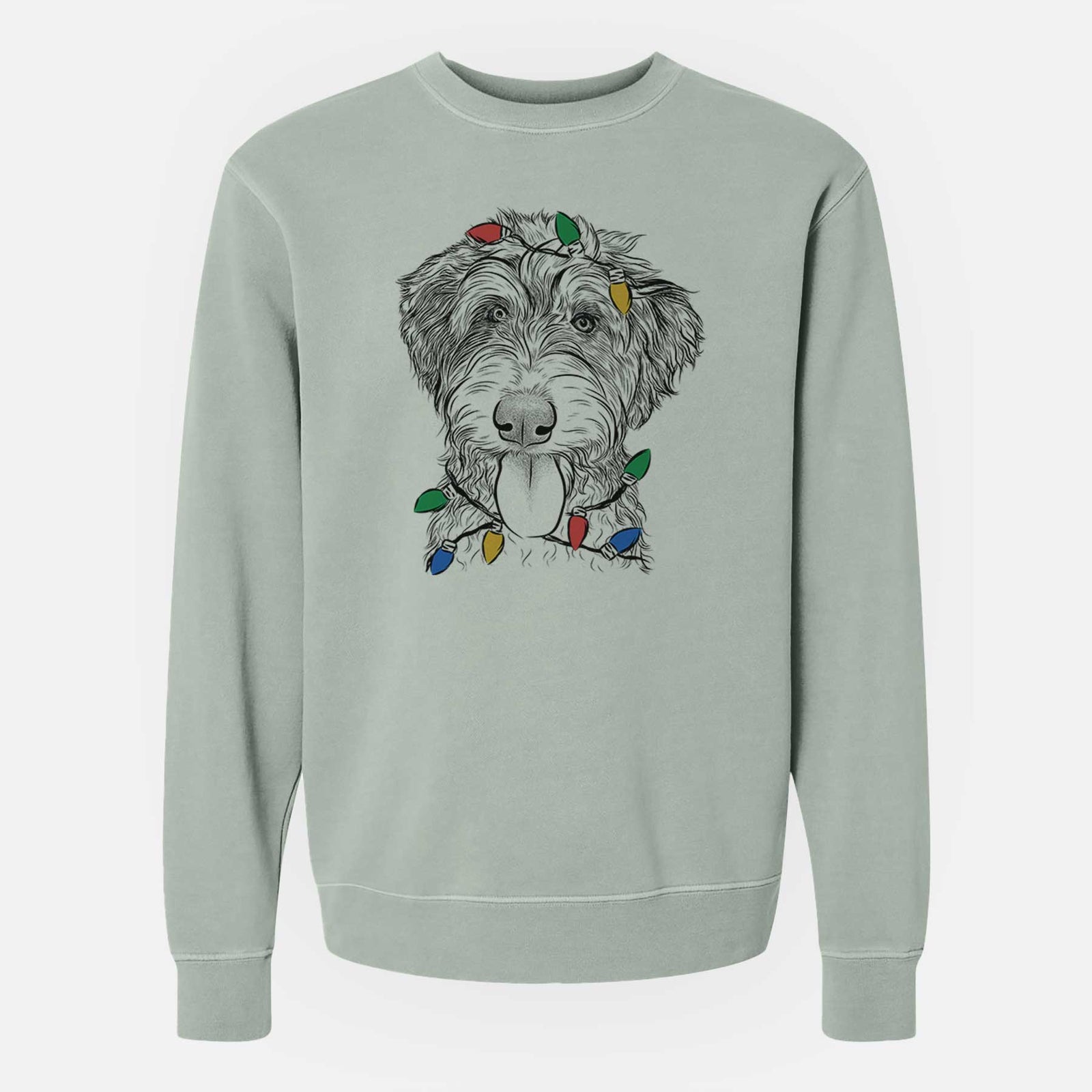 Hand-drawn sketch of Myrtle Mae the Aussiedoodle wrapped in Christmas lights on a Sage Unisex pigment dyed crew sweatshirt