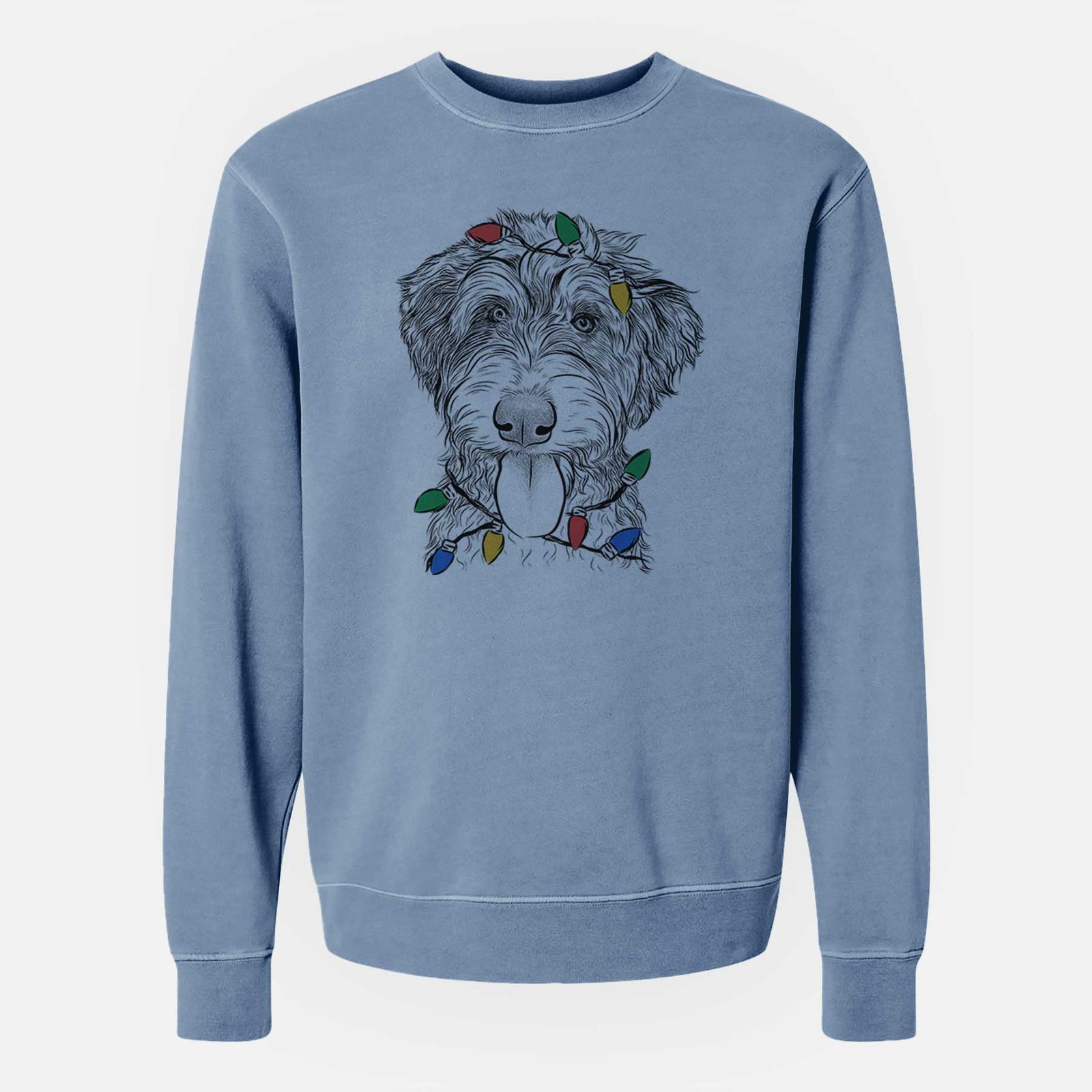 Hand-drawn sketch of Myrtle Mae the Aussiedoodle wrapped in Christmas lights on a Slate Blue Unisex pigment dyed crew sweatshirt