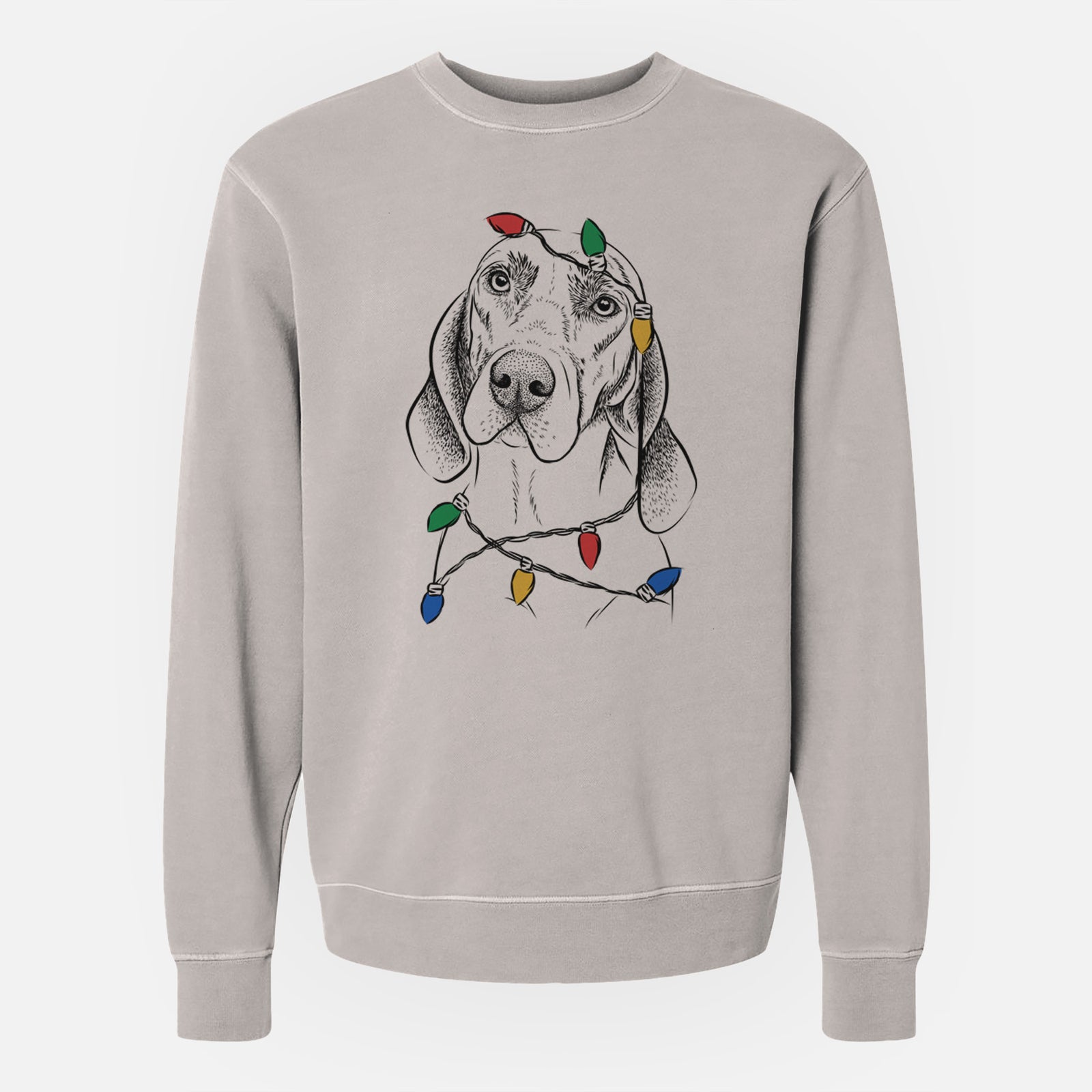 Hand-drawn sketch of Norman the Plott Hound wrapped in Christmas lights on a Cement Unisex pigment dyed crew sweatshirt