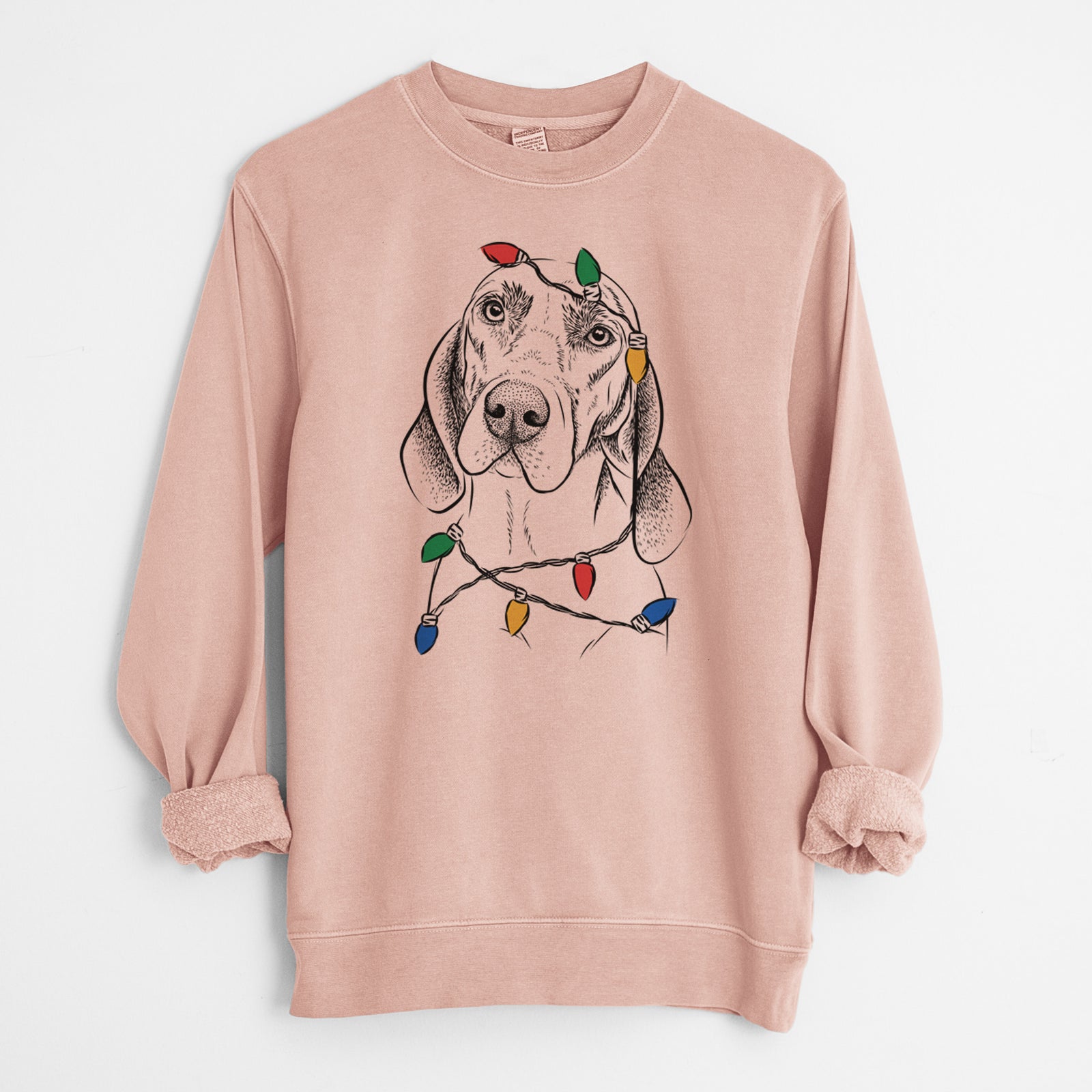 Hand-drawn sketch of Norman the Plott Hound wrapped in Christmas lights on a Dusty Pink Unisex pigment dyed crew sweatshirt