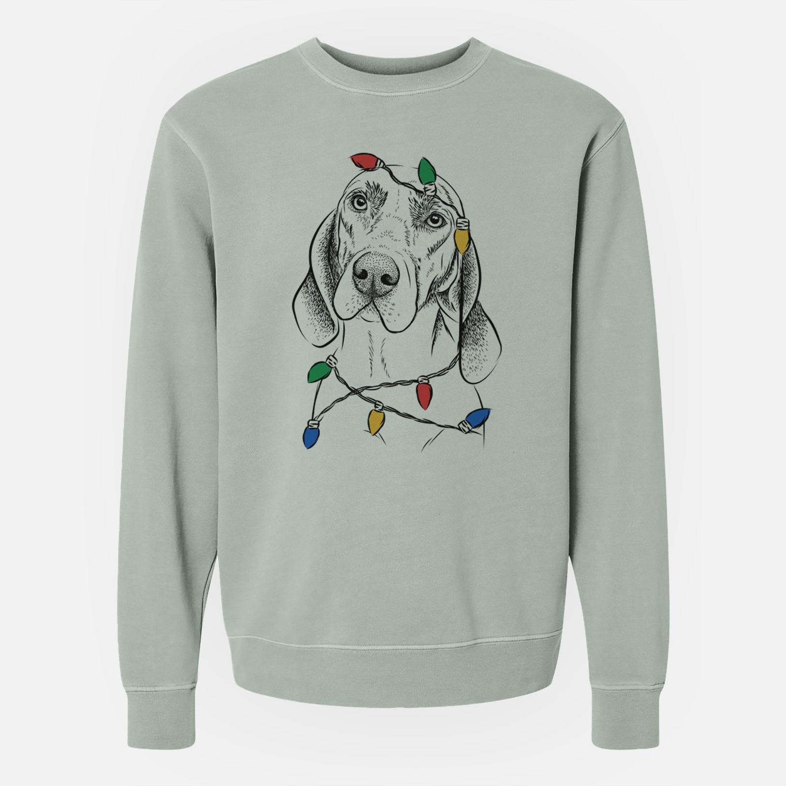 Hand-drawn sketch of Norman the Plott Hound wrapped in Christmas lights on a Sage Unisex pigment dyed crew sweatshirt