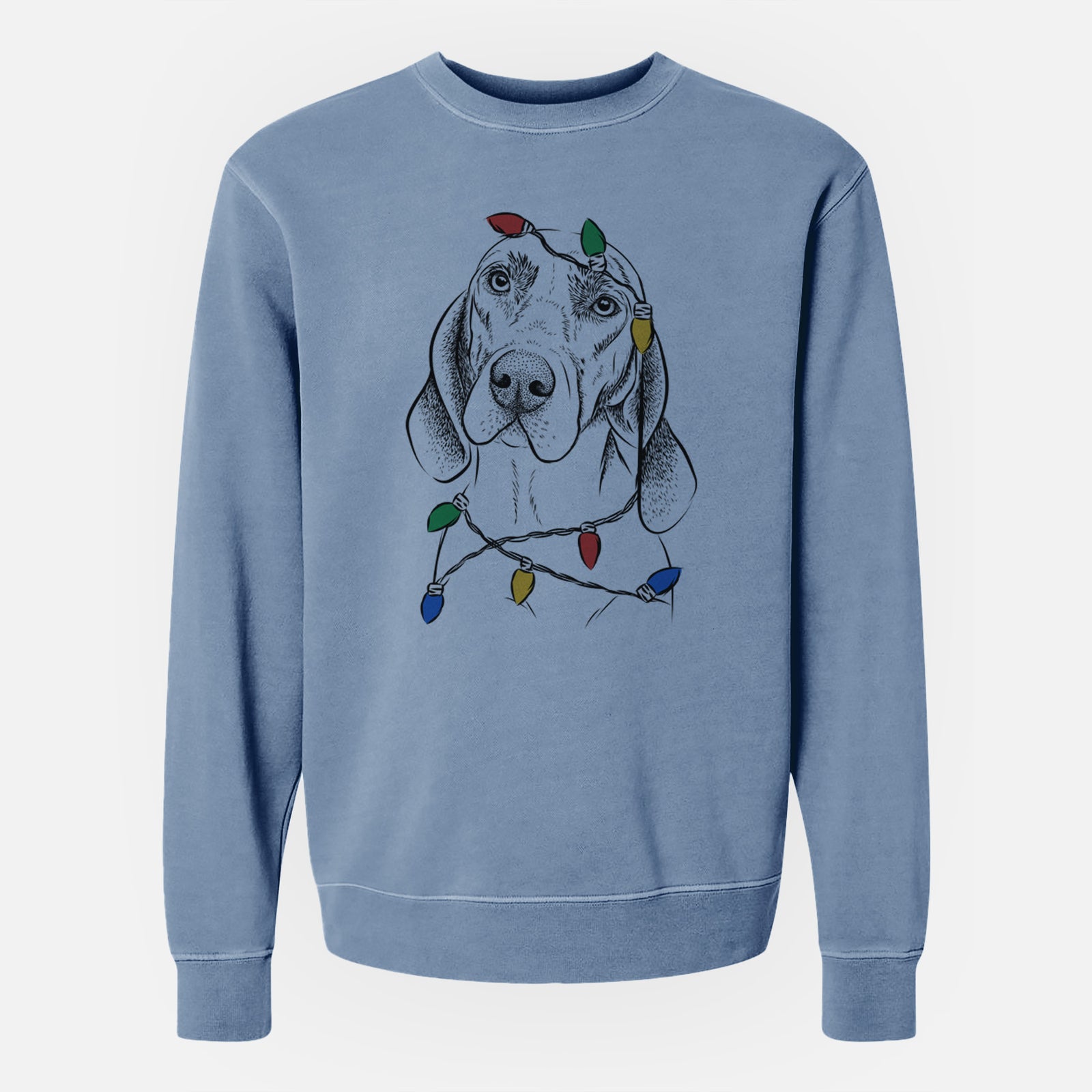 Hand-drawn sketch of Norman the Plott Hound wrapped in Christmas lights on a Slate Blue Unisex pigment dyed crew sweatshirt