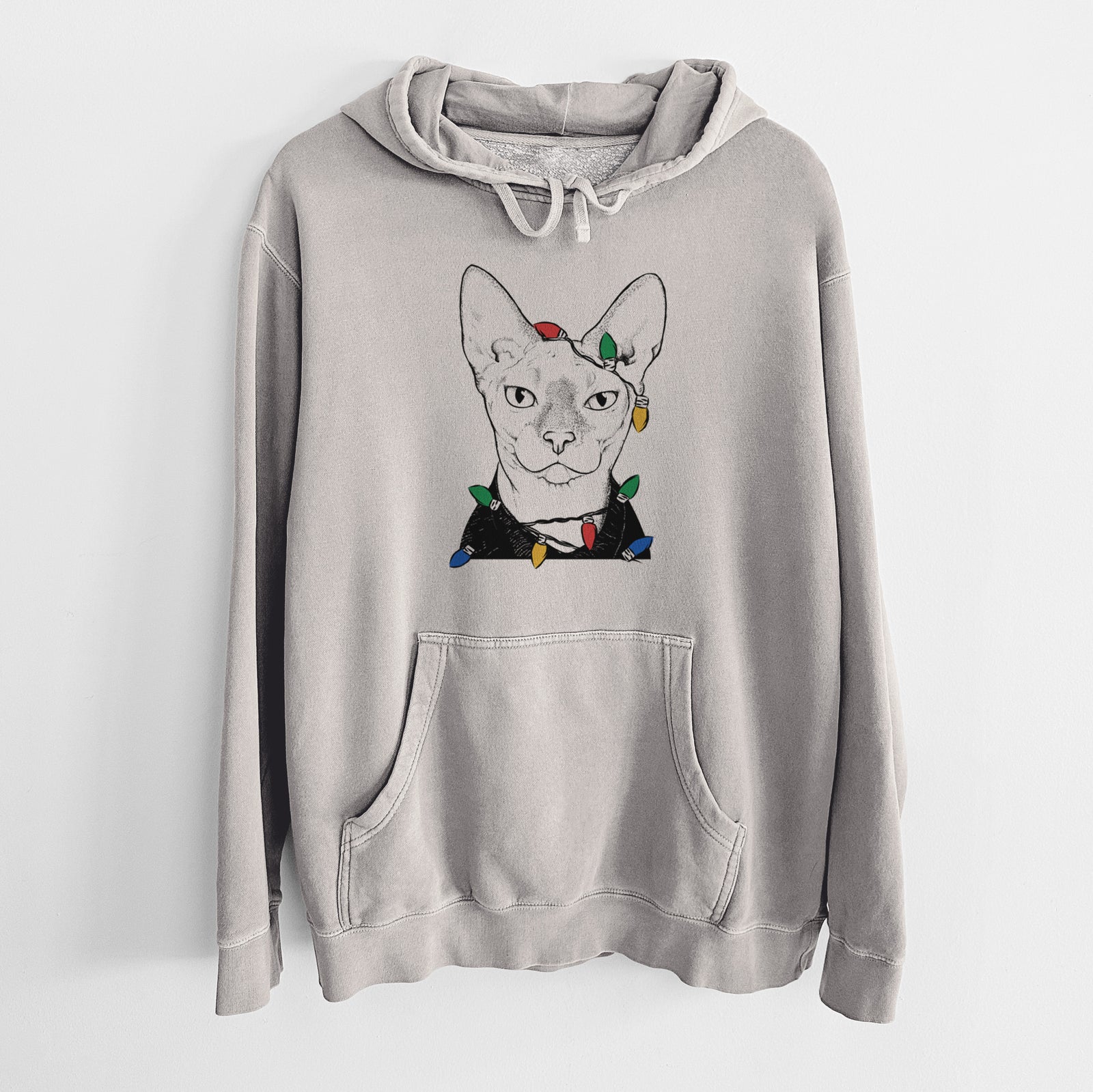 Hand-drawn sketch of Oliver Watson the Sphynx Cat wrapped in Christmas lights on a Cement Unisex pigment dyed hoodie
