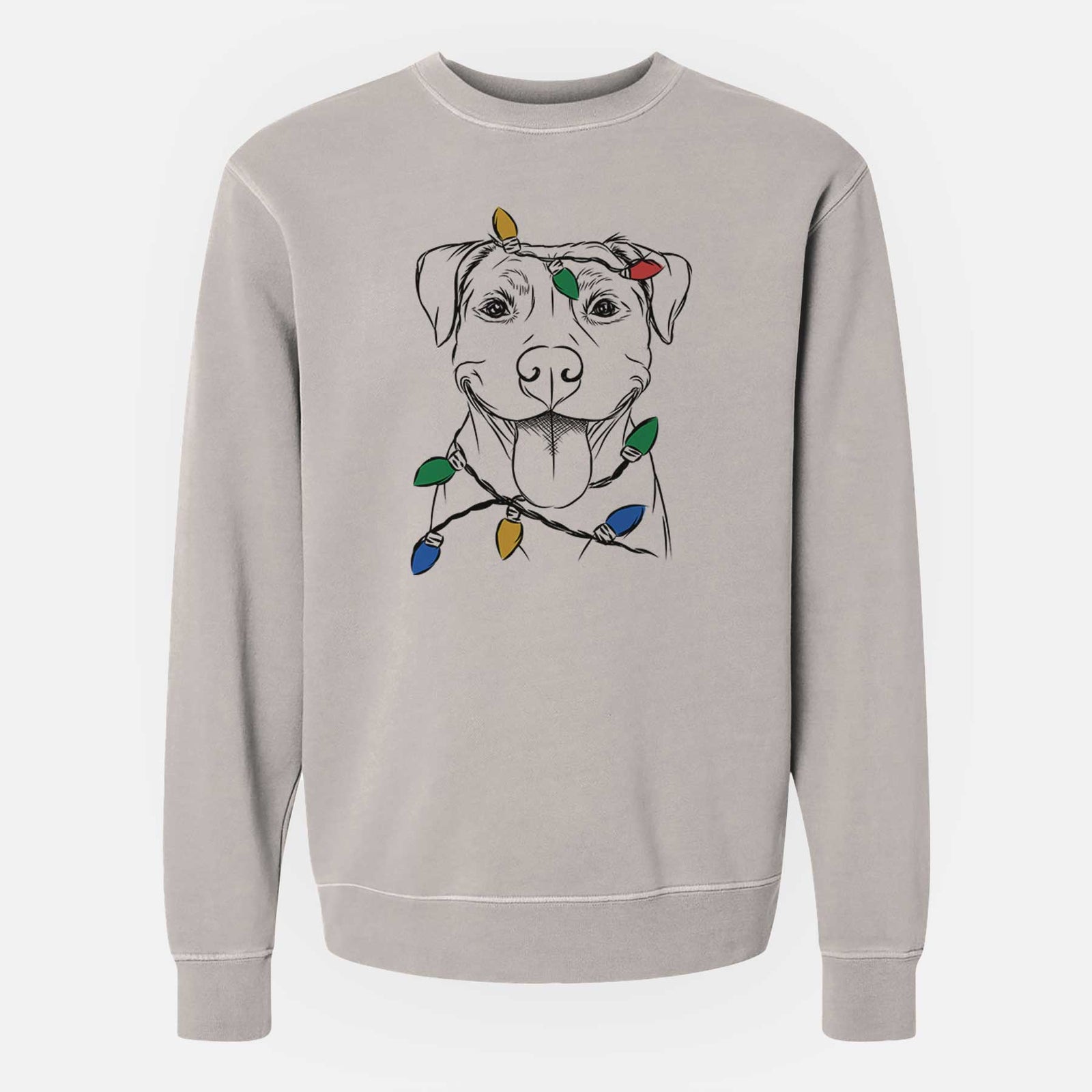 Hand-drawn sketch of Parker the Pitbull wrapped in Christmas lights on a Cement Unisex pigment dyed crew sweatshirt