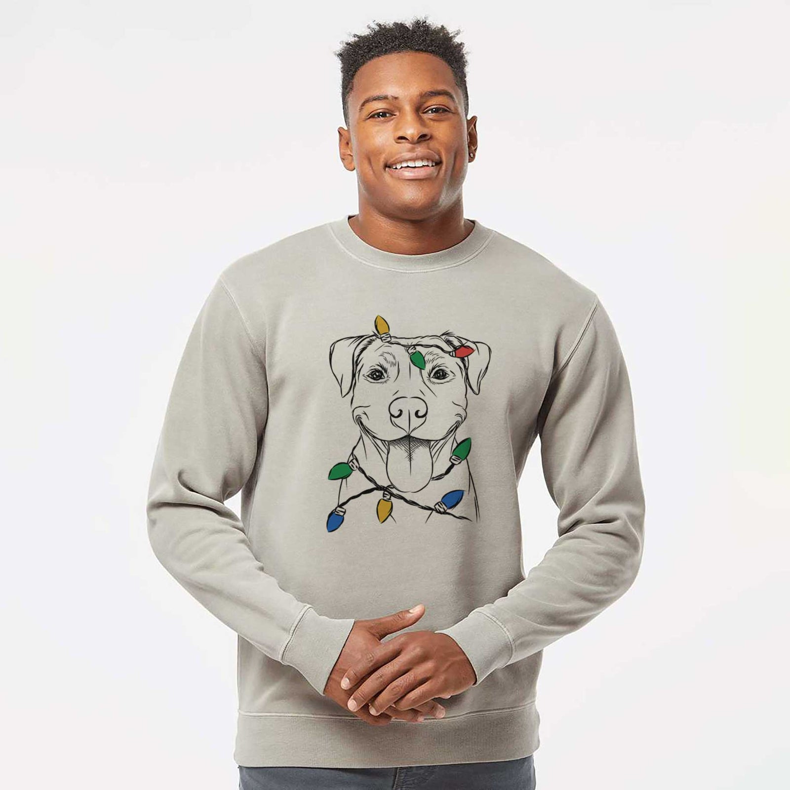 Hand-drawn sketch of Parker the Pitbull wrapped in Christmas lights on a Cement Unisex pigment dyed crew sweatshirt