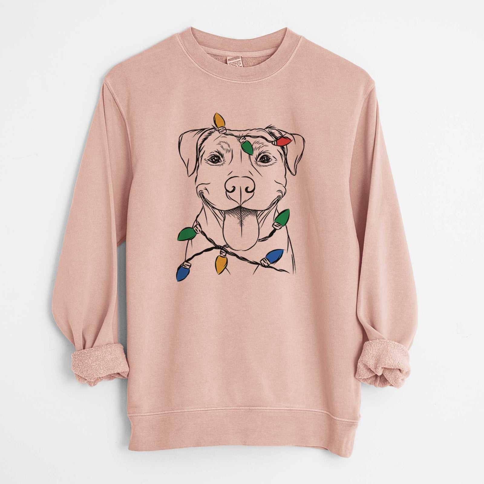 Hand-drawn sketch of Parker the Pitbull wrapped in Christmas lights on a Dusty Pink Unisex pigment dyed crew sweatshirt