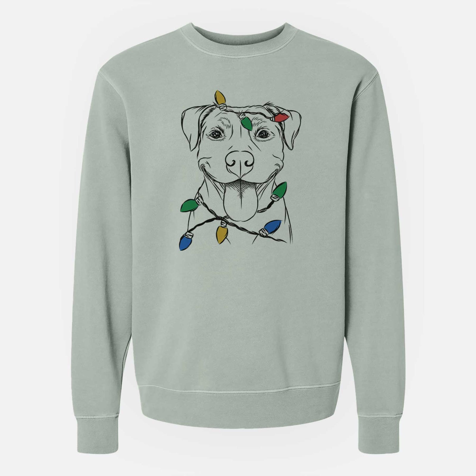 Hand-drawn sketch of Parker the Pitbull wrapped in Christmas lights on a Sage Unisex pigment dyed crew sweatshirt