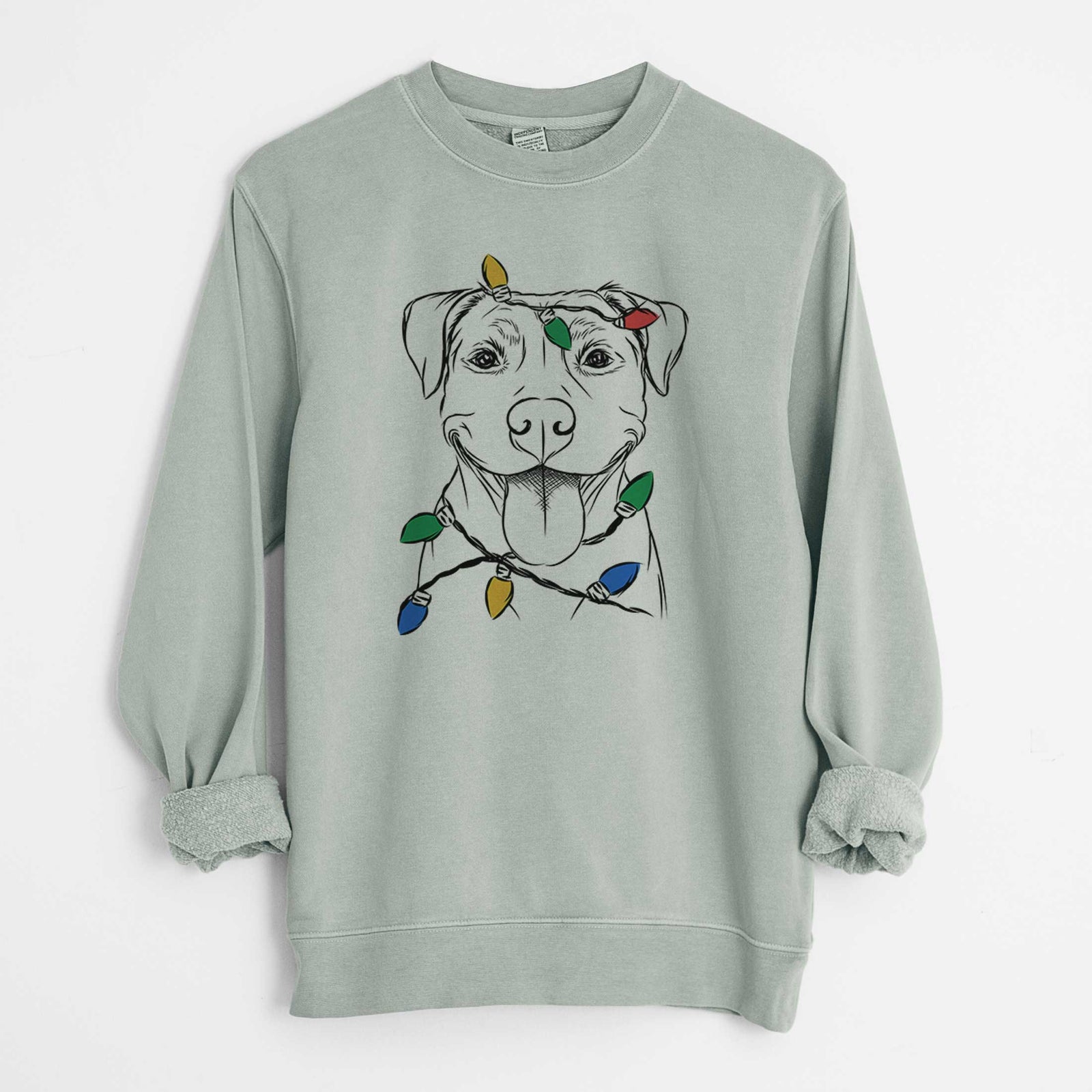 Hand-drawn sketch of Parker the Pitbull wrapped in Christmas lights on a Sage Unisex pigment dyed crew sweatshirt