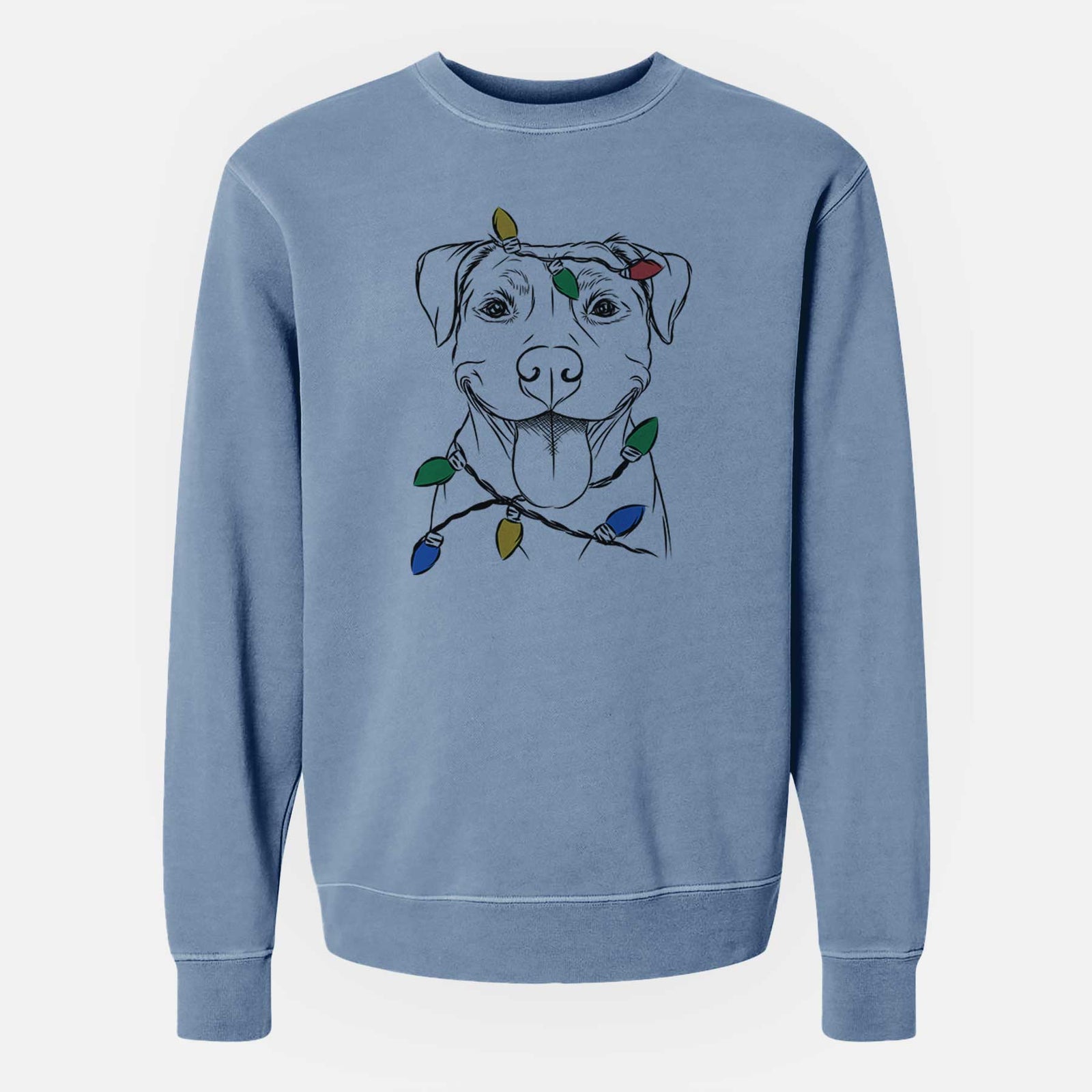 Hand-drawn sketch of Parker the Pitbull wrapped in Christmas lights on a Slate Blue Unisex pigment dyed crew sweatshirt
