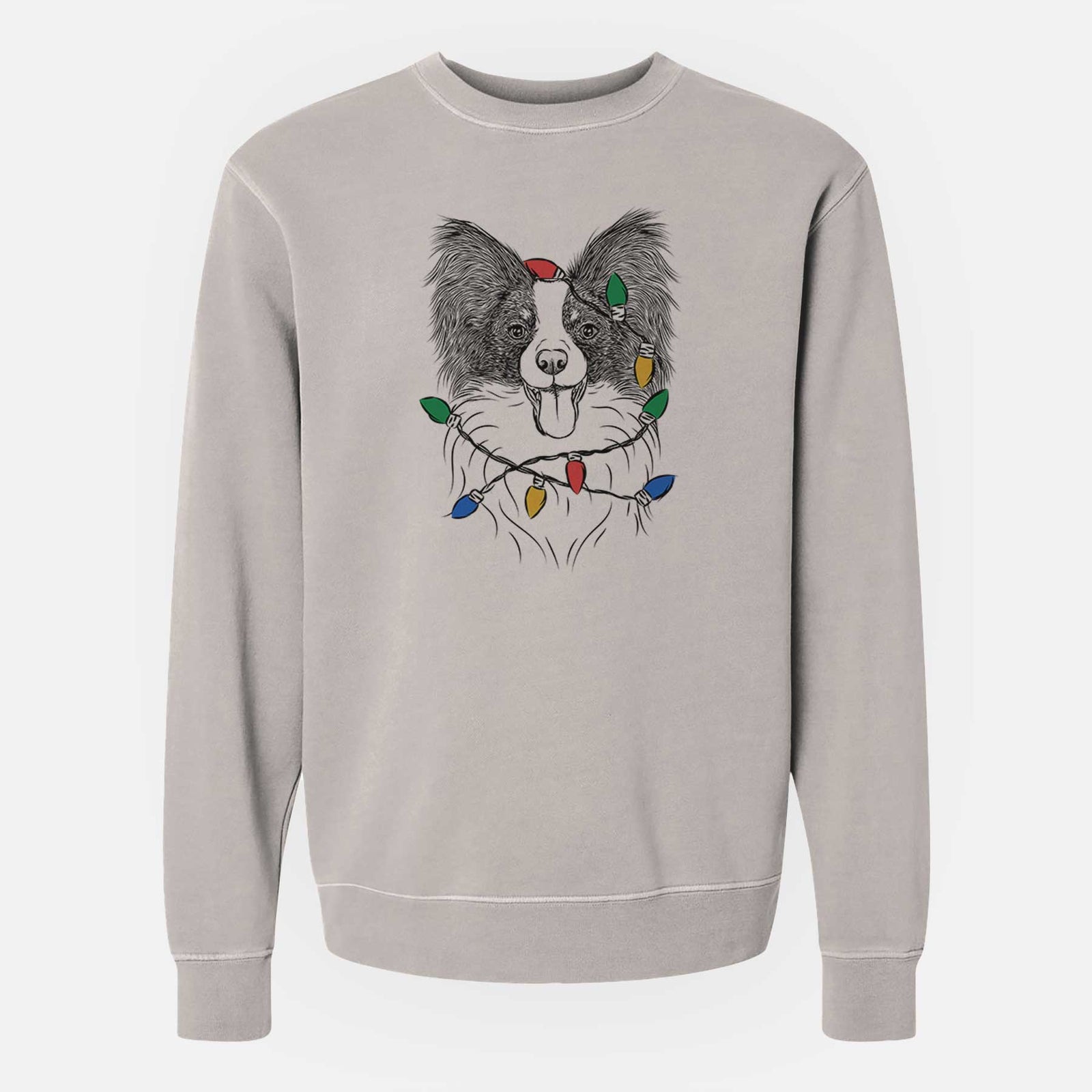 Hand-drawn sketch of Patrick the Papillon wrapped in Christmas lights on a Cement Unisex pigment dyed crew sweatshirt
