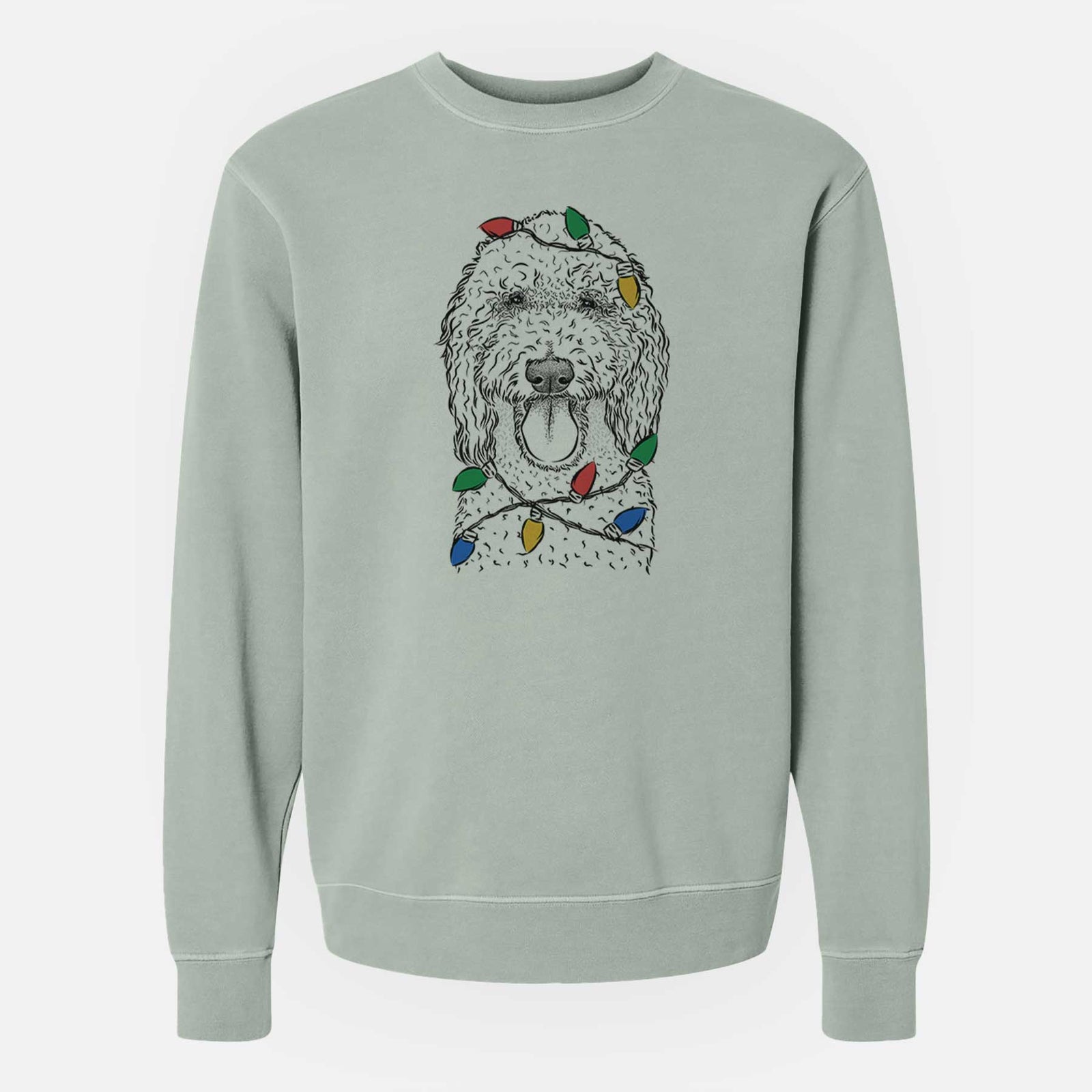 Hand-drawn sketch of Pavlov the Goldendoodle wrapped in Christmas lights on a Sage Unisex pigment dyed crew sweatshirt