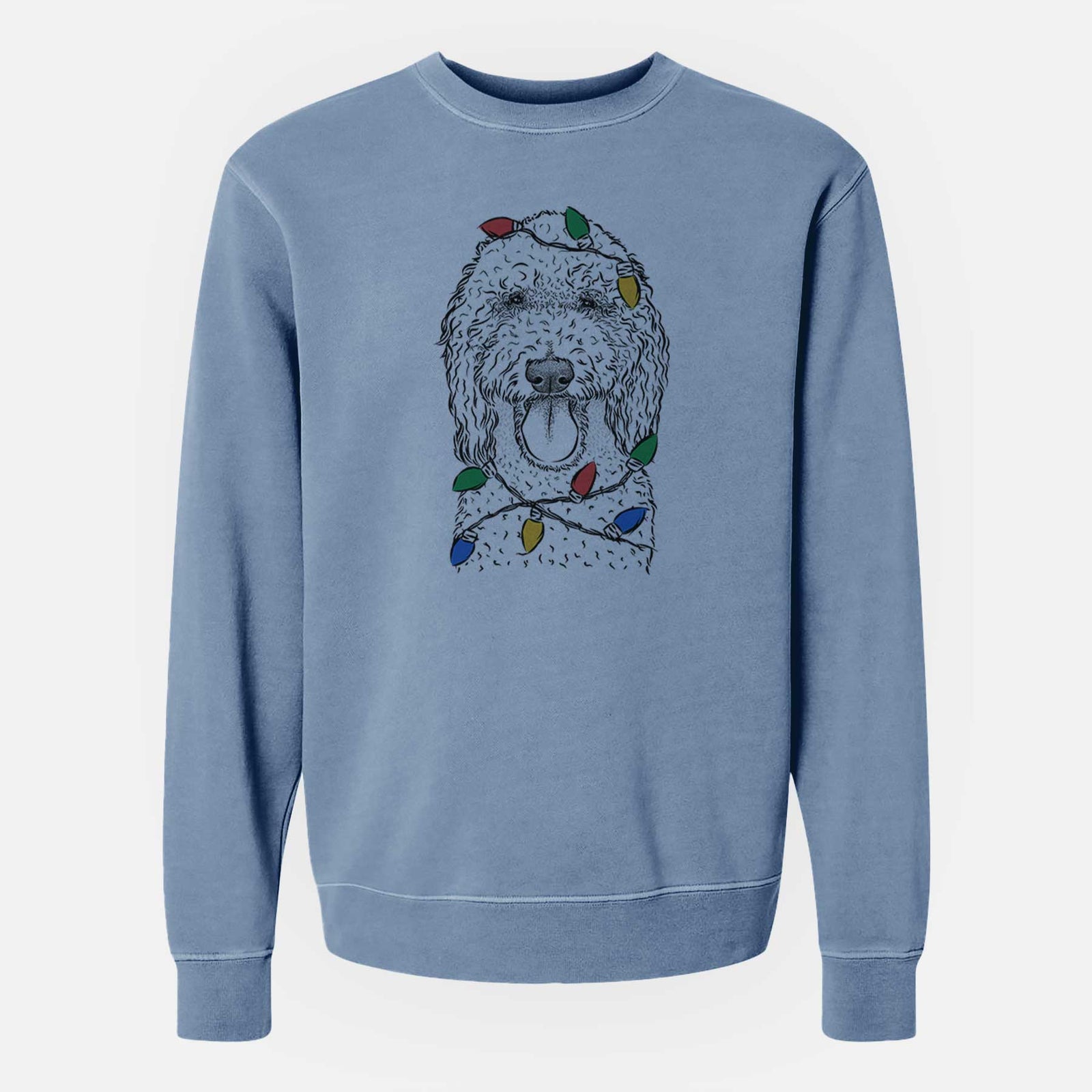 Hand-drawn sketch of Pavlov the Goldendoodle wrapped in Christmas lights on a Slate Blue Unisex pigment dyed crew sweatshirt