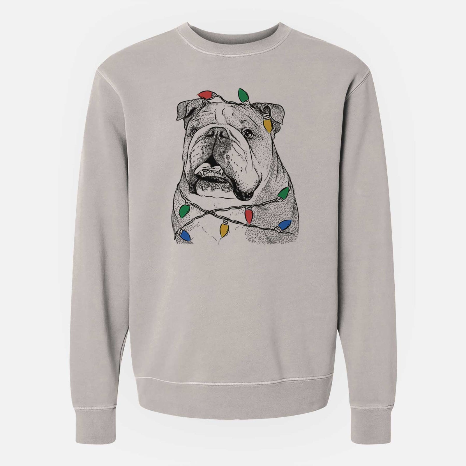 Hand-drawn sketch of Piggy the English Bulldog wrapped in Christmas lights on a Cement Unisex pigment dyed crew sweatshirt