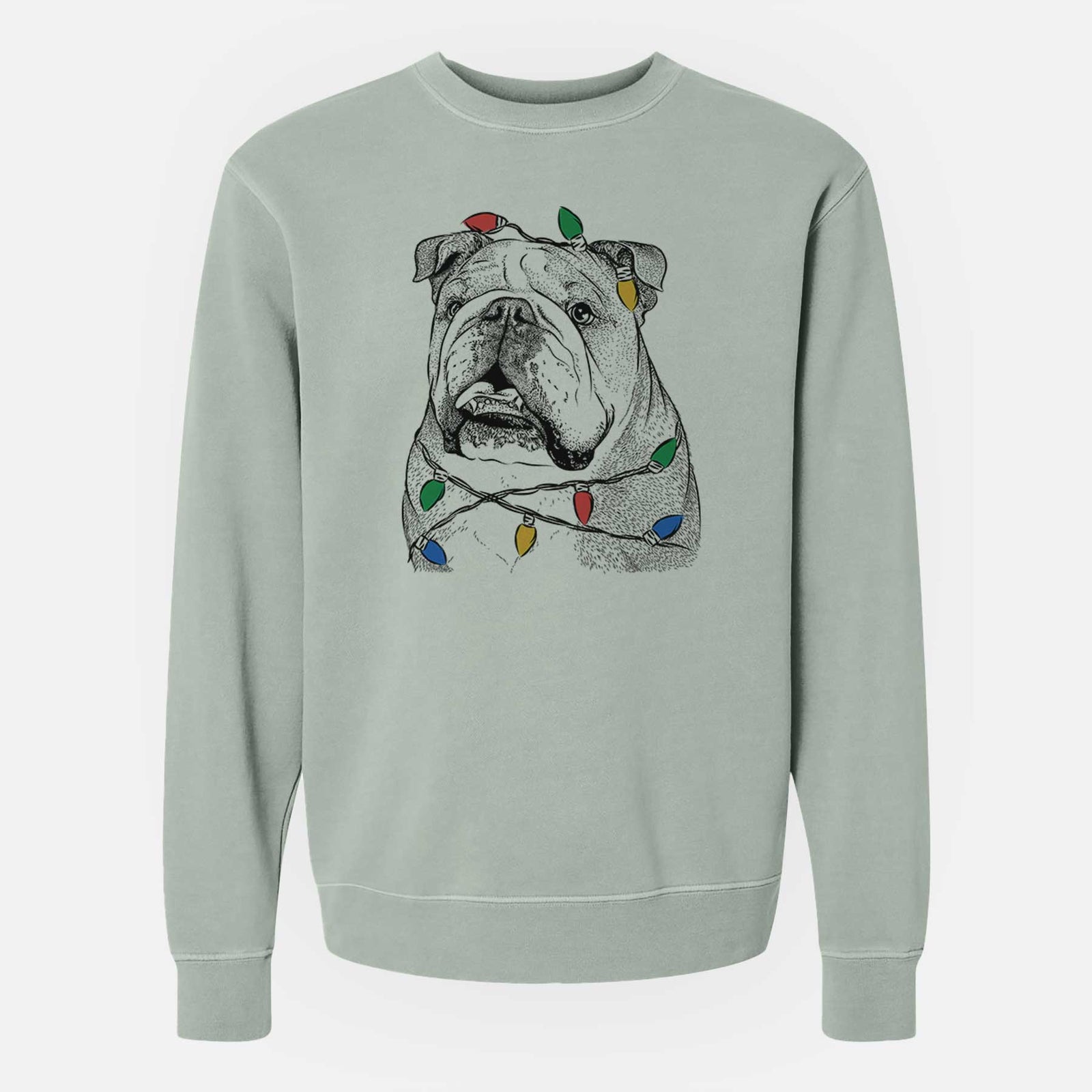 Hand-drawn sketch of Piggy the English Bulldog wrapped in Christmas lights on a Sage Unisex pigment dyed crew sweatshirt