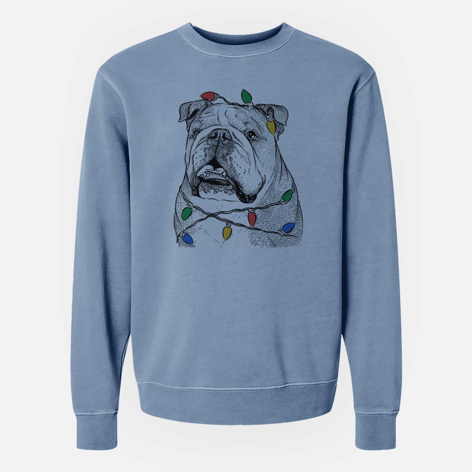 Hand-drawn sketch of Piggy the English Bulldog wrapped in Christmas lights on a Slate Blue Unisex pigment dyed crew sweatshirt