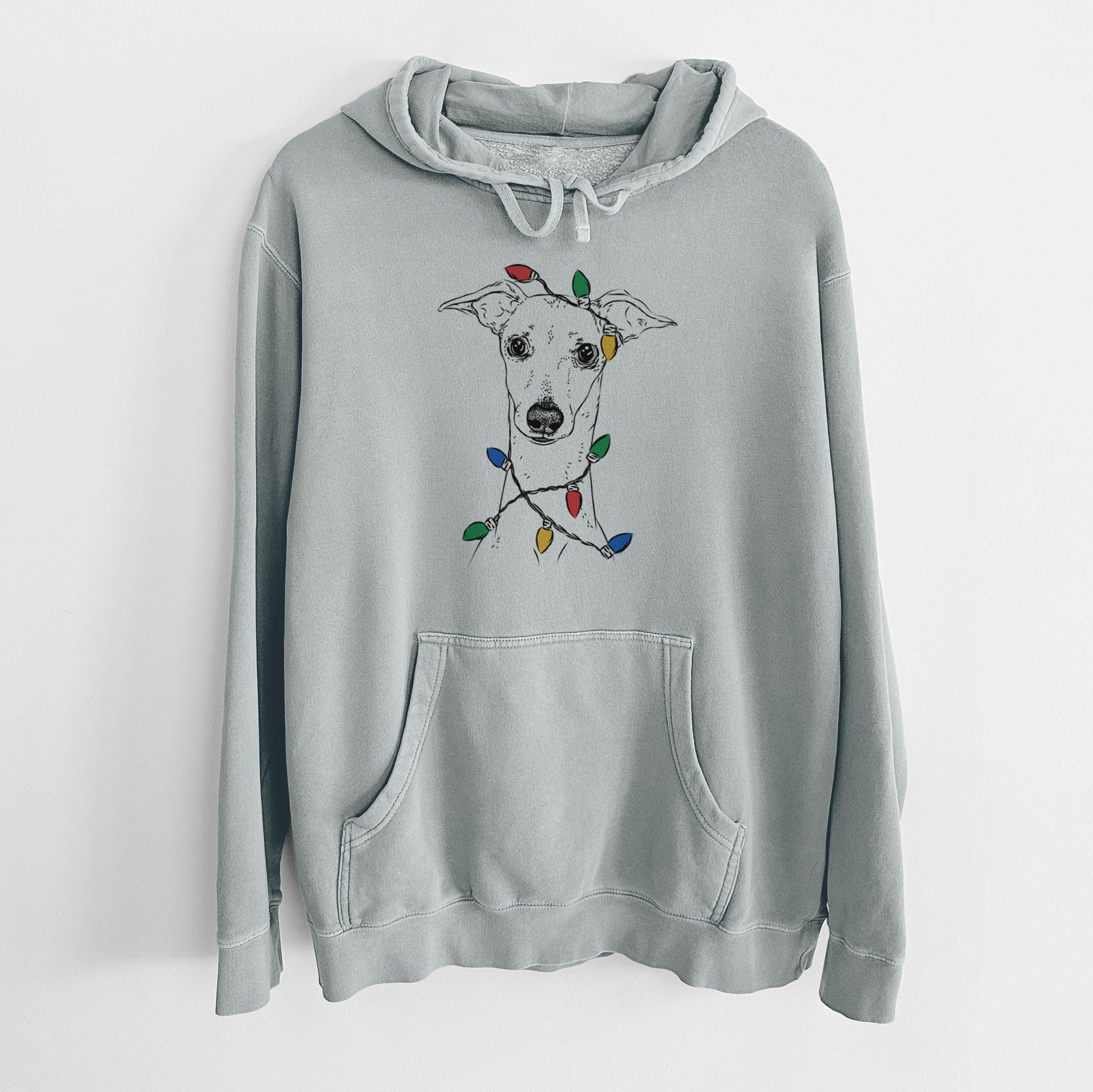 Hand-drawn sketch of Pip the Italian Greyhound wrapped in Christmas lights on a Sage Unisex pigment dyed hoodie