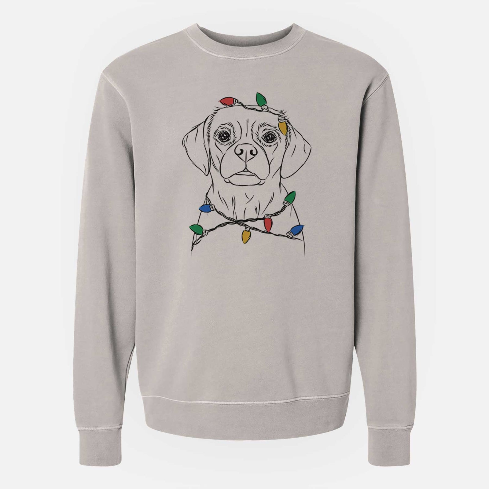 Hand-drawn sketch of Popcorn the Puggle wrapped in Christmas lights on a Cement Unisex pigment dyed crew sweatshirt