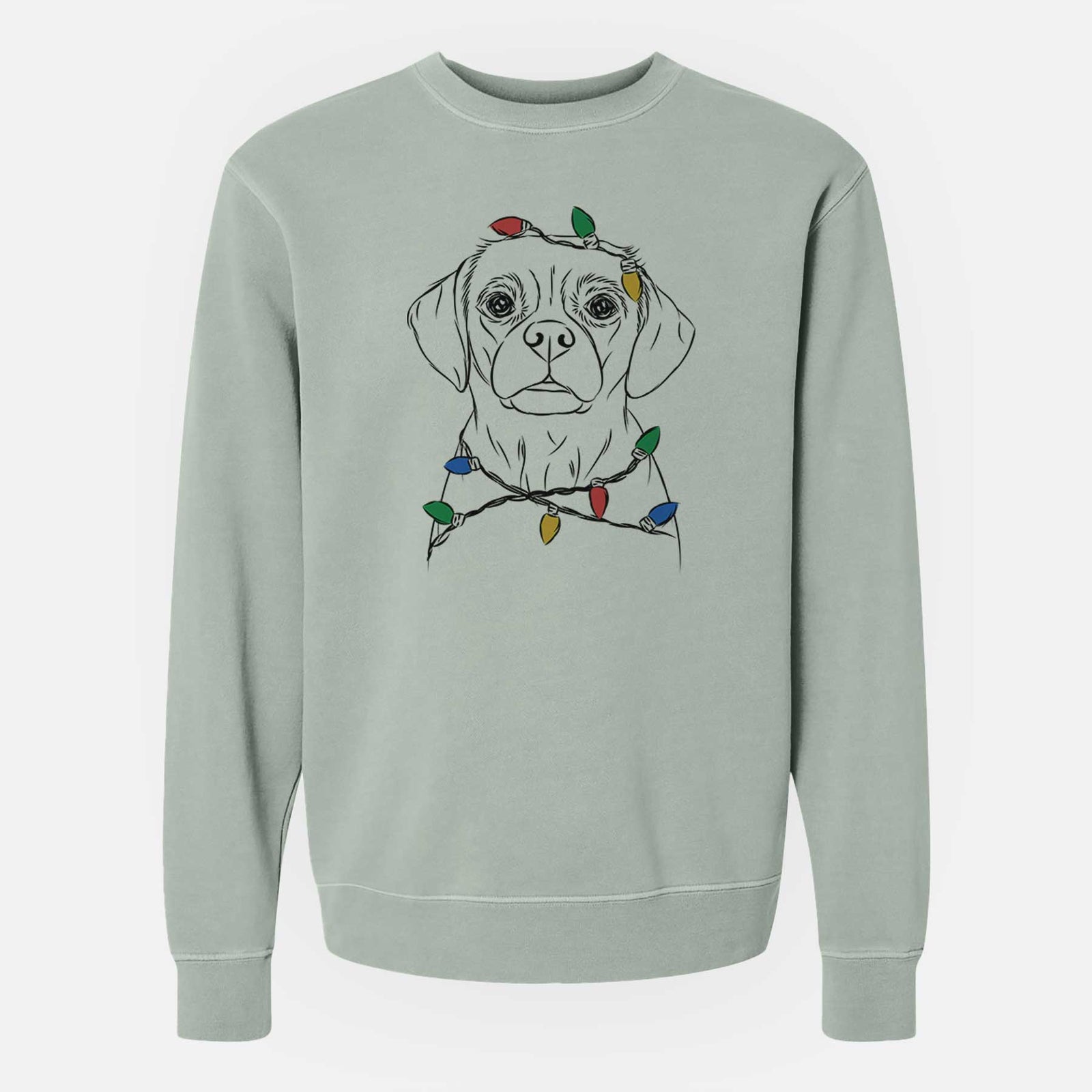 Hand-drawn sketch of Popcorn the Puggle wrapped in Christmas lights on a Sage Unisex pigment dyed crew sweatshirt