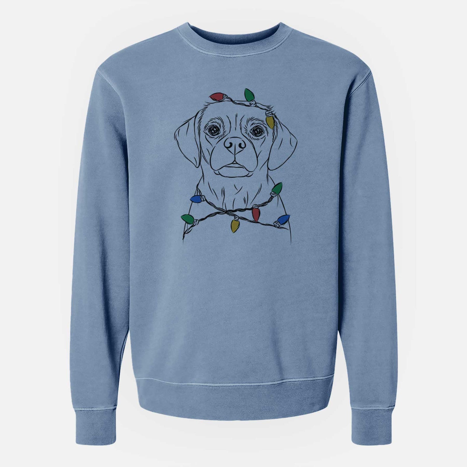Hand-drawn sketch of Popcorn the Puggle wrapped in Christmas lights on a Slate Blue Unisex pigment dyed crew sweatshirt