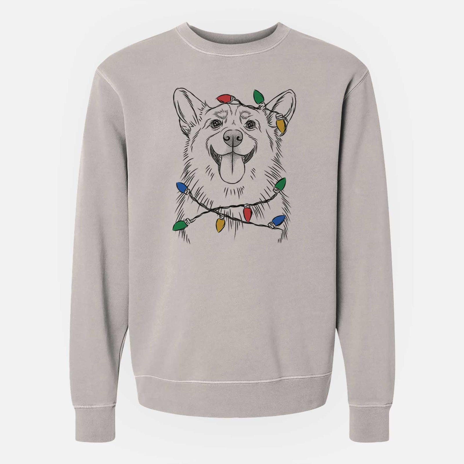 Hand-drawn sketch of Porter the Pembroke Welsh Corgi wrapped in Christmas lights on a Cement Unisex pigment dyed crew sweatshirt