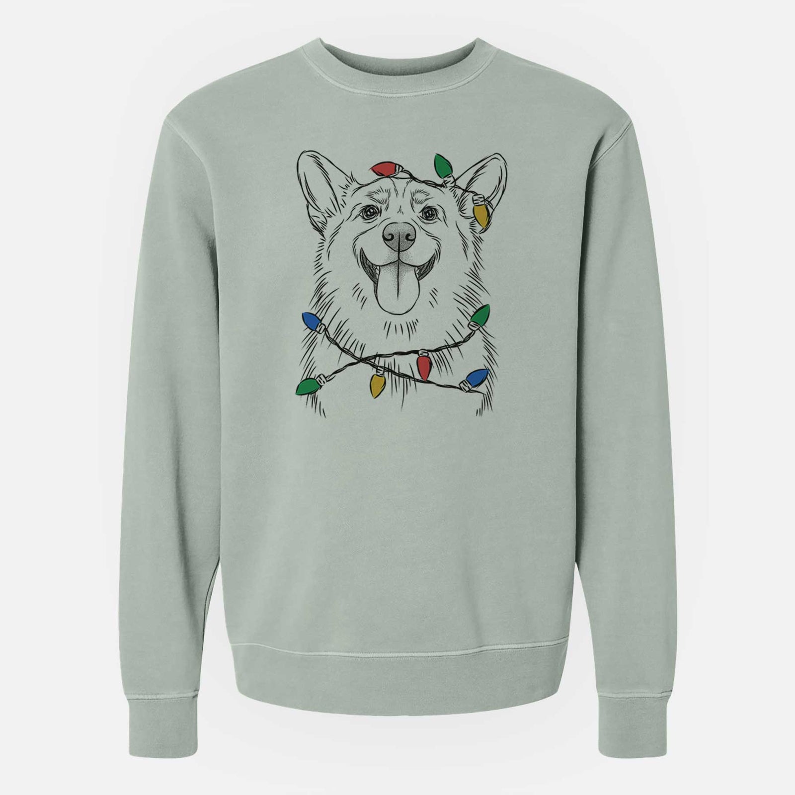 Hand-drawn sketch of Porter the Pembroke Welsh Corgi wrapped in Christmas lights on a Sage Unisex pigment dyed crew sweatshirt