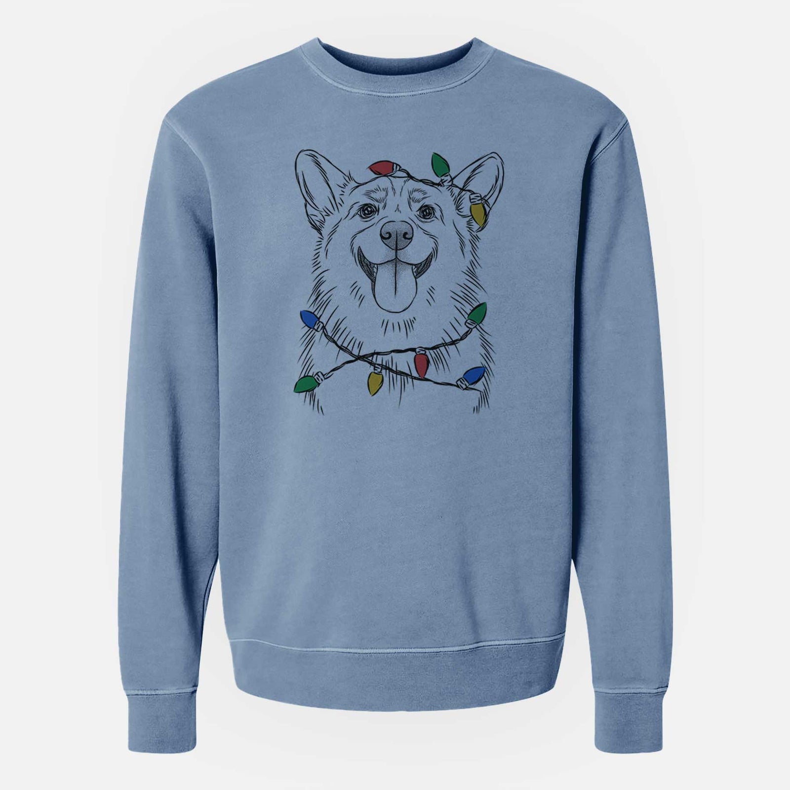 Hand-drawn sketch of Porter the Pembroke Welsh Corgi wrapped in Christmas lights on a Slate Blue Unisex pigment dyed crew sweatshirt