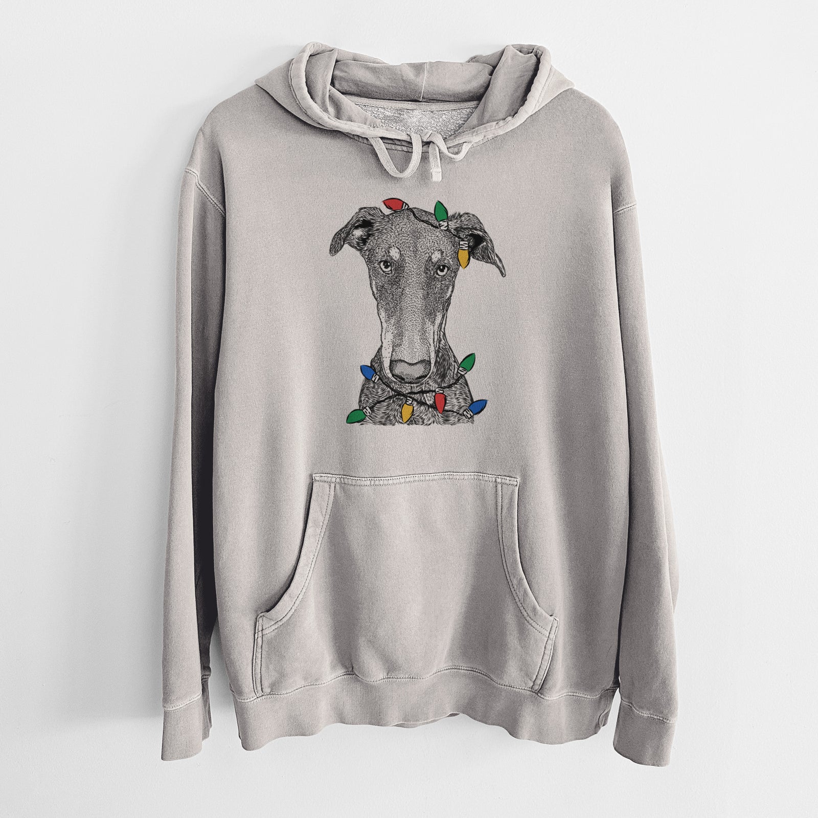 Hand-drawn sketch of Princess Fiona the Doberman Pinscher wrapped in Christmas lights on a Cement Unisex pigment dyed hoodie