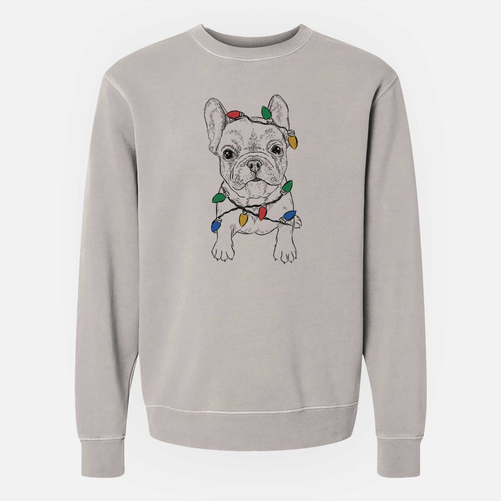 Hand-drawn sketch of Puppy Pierre the French Bulldog wrapped in Christmas lights on a Cement Unisex pigment dyed crew sweatshirt