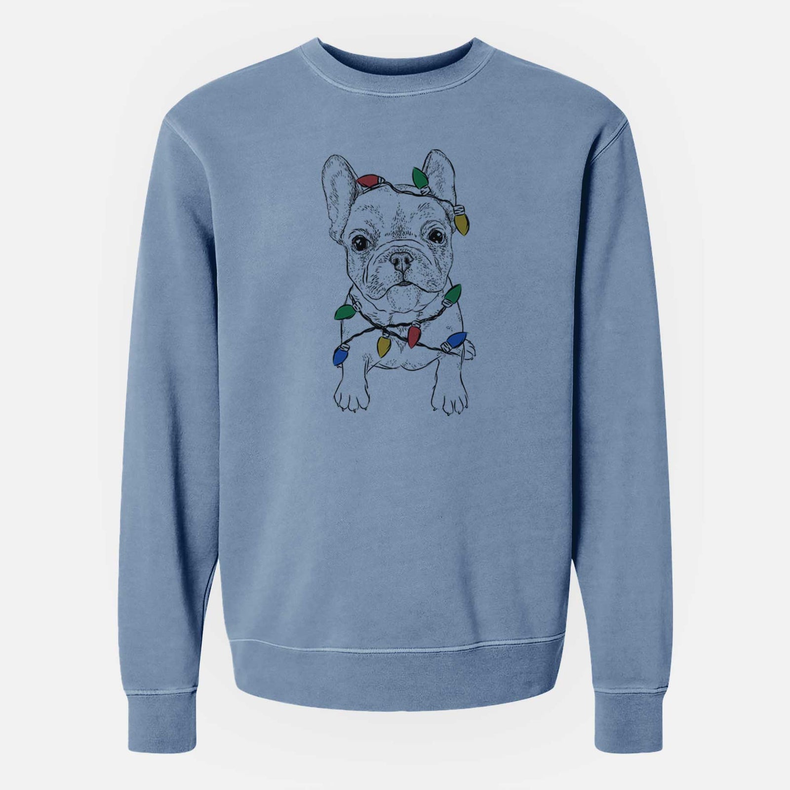Hand-drawn sketch of Puppy Pierre the French Bulldog wrapped in Christmas lights on a Slate Blue Unisex pigment dyed crew sweatshirt