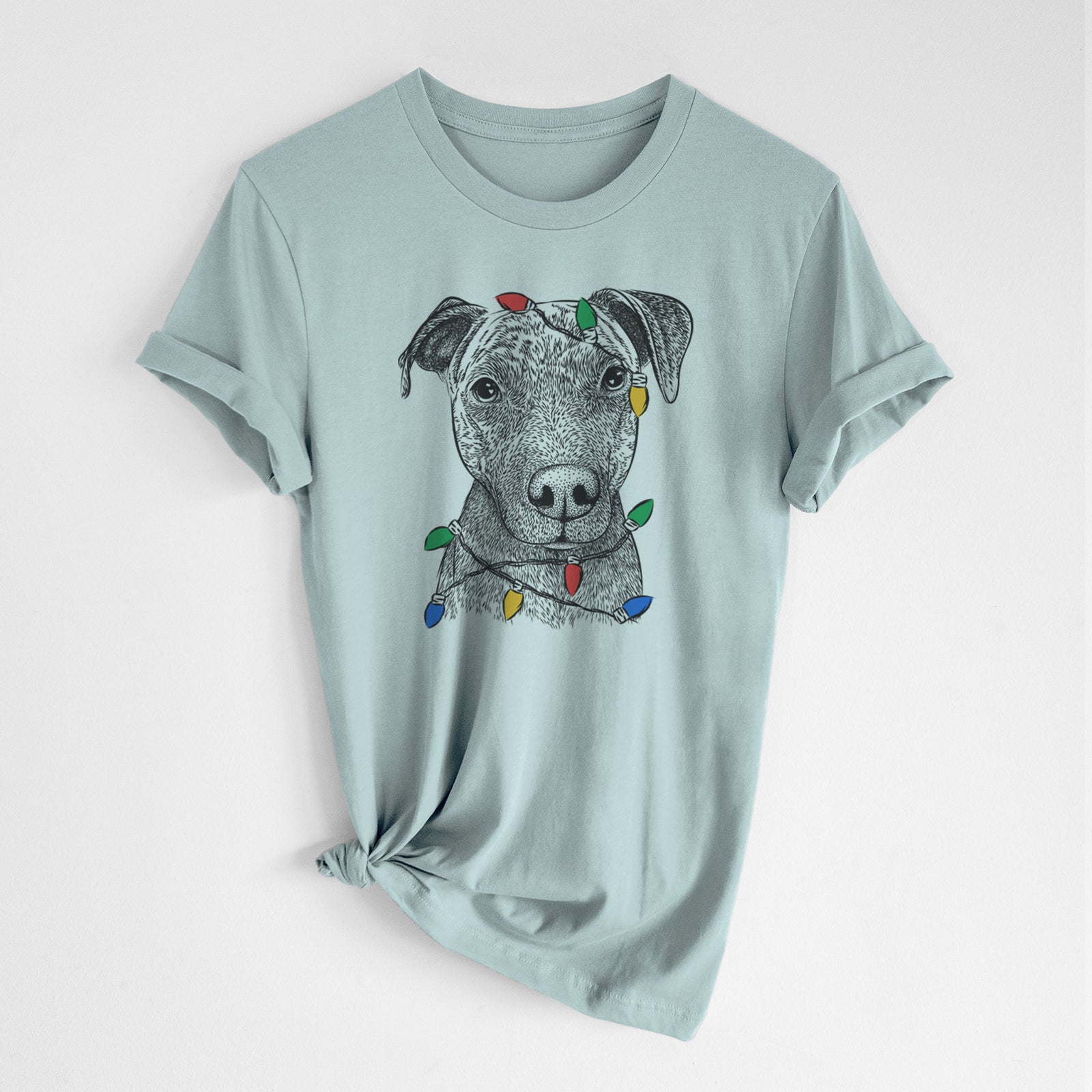 Hand-drawn sketch of Name the Pitbull wrapped in Christmas lights on a Dusty Blue Unisex crewneck, worn by a woman