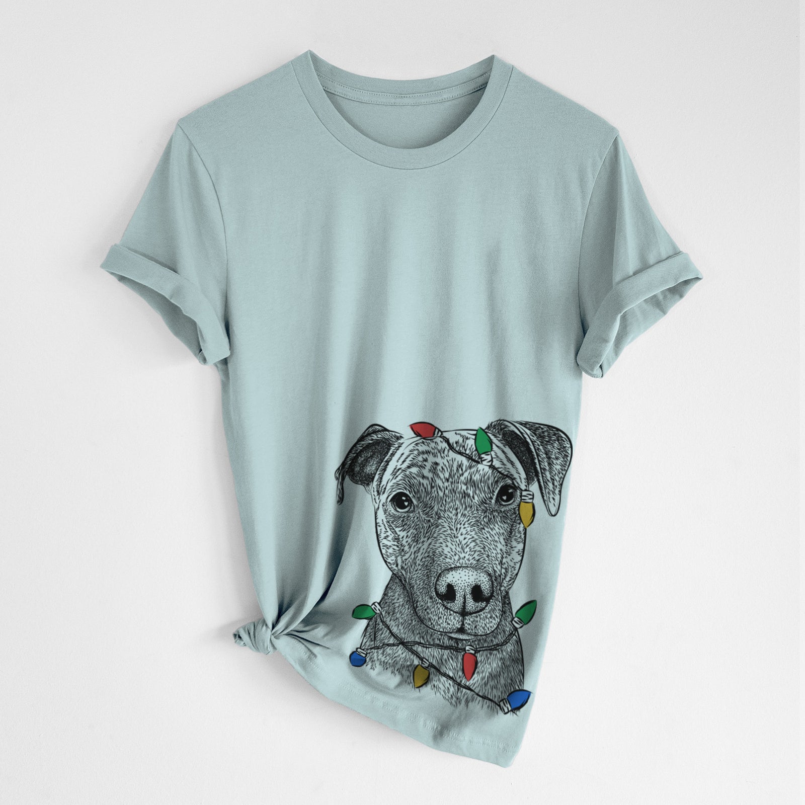 Hand-drawn sketch of Name the Pitbull wrapped in Christmas lights on a Dusty Blue Unisex crewneck, worn by a woman