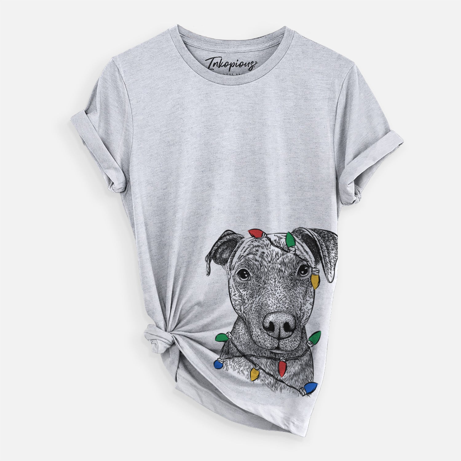 Hand-drawn sketch of Name the Pitbull wrapped in Christmas lights on a Grey Unisex crewneck, worn by a woman