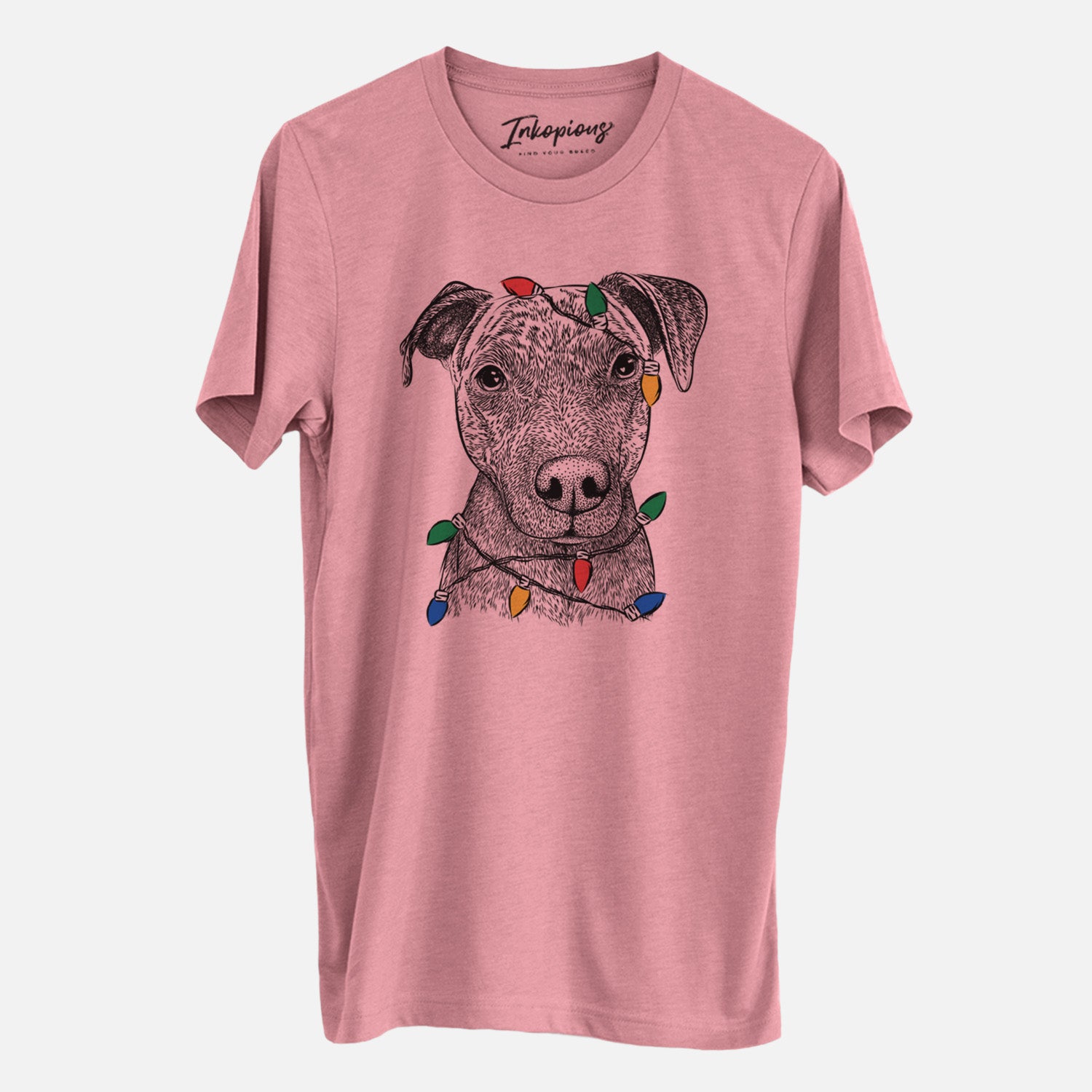 Hand-drawn sketch of Name the Pitbull wrapped in Christmas lights on a Mauve Unisex crewneck, worn by a man