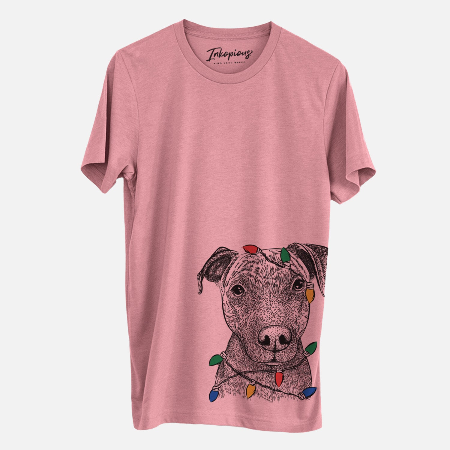 Hand-drawn sketch of Name the Pitbull wrapped in Christmas lights on a Mauve Unisex crewneck, worn by a man