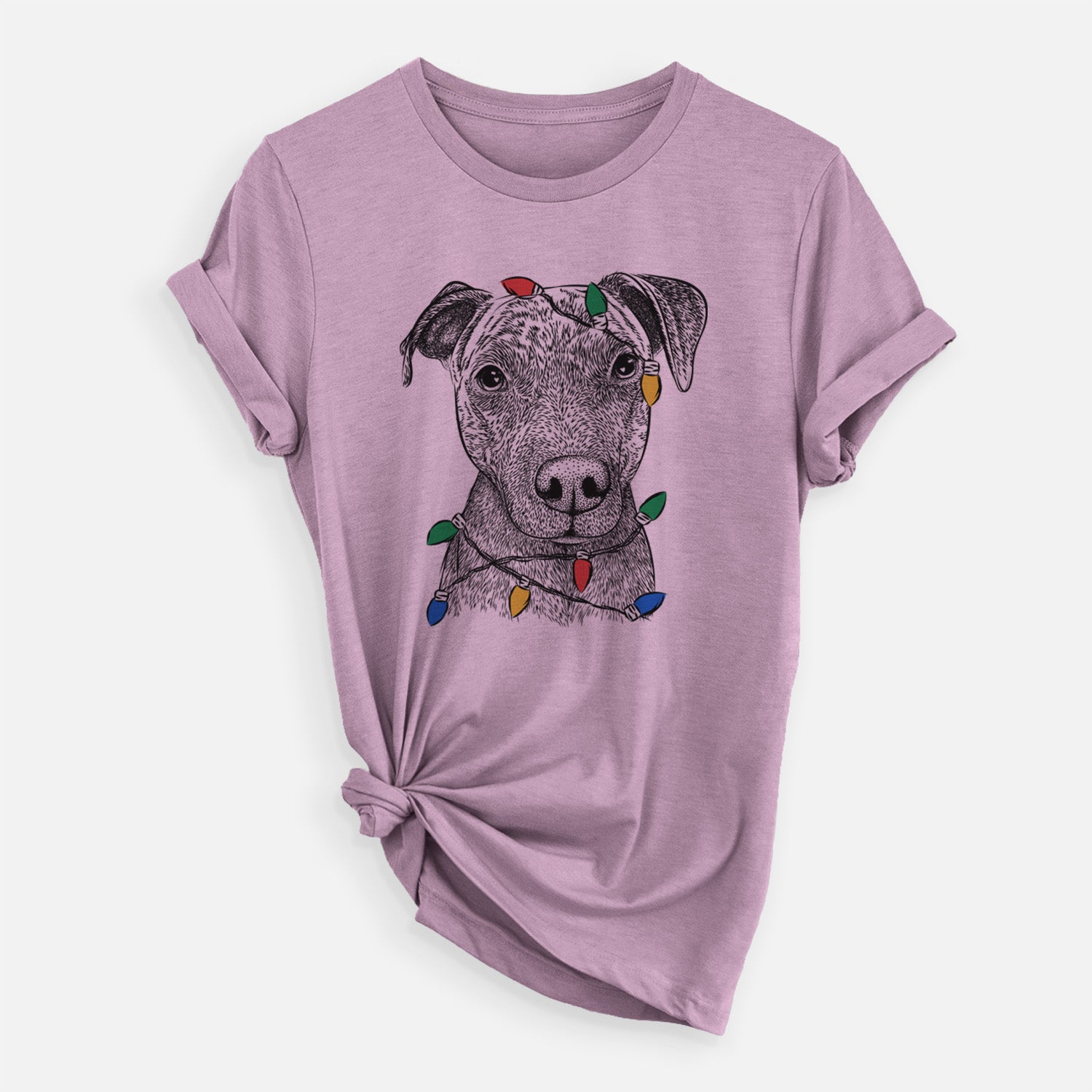 Hand-drawn sketch of Name the Pitbull wrapped in Christmas lights on an Orchid Unisex crewneck, worn by a woman