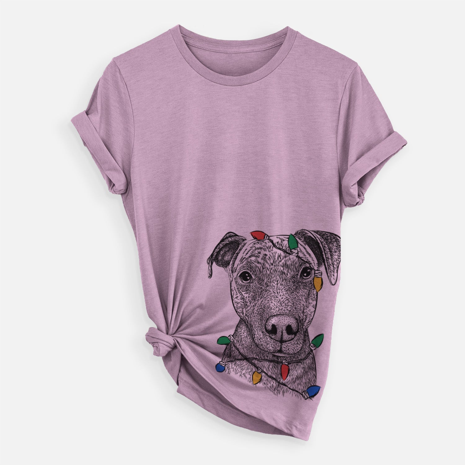 Hand-drawn sketch of Name the Pitbull wrapped in Christmas lights on an Orchid Unisex crewneck, worn by a woman