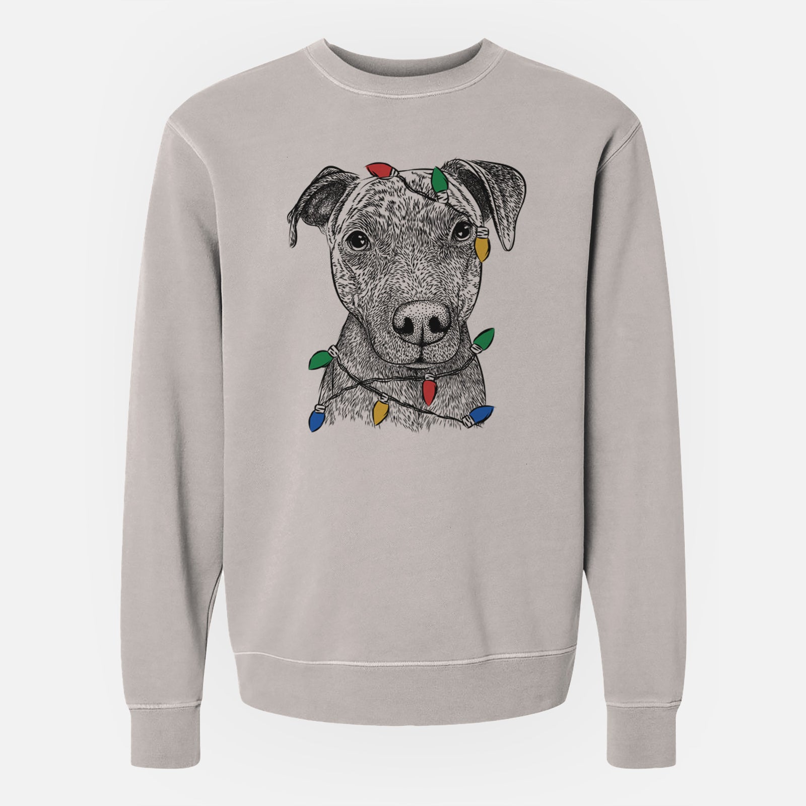 Hand-drawn sketch of Reeses the Pitbull wrapped in Christmas lights on a Cement Unisex pigment dyed crew sweatshirt