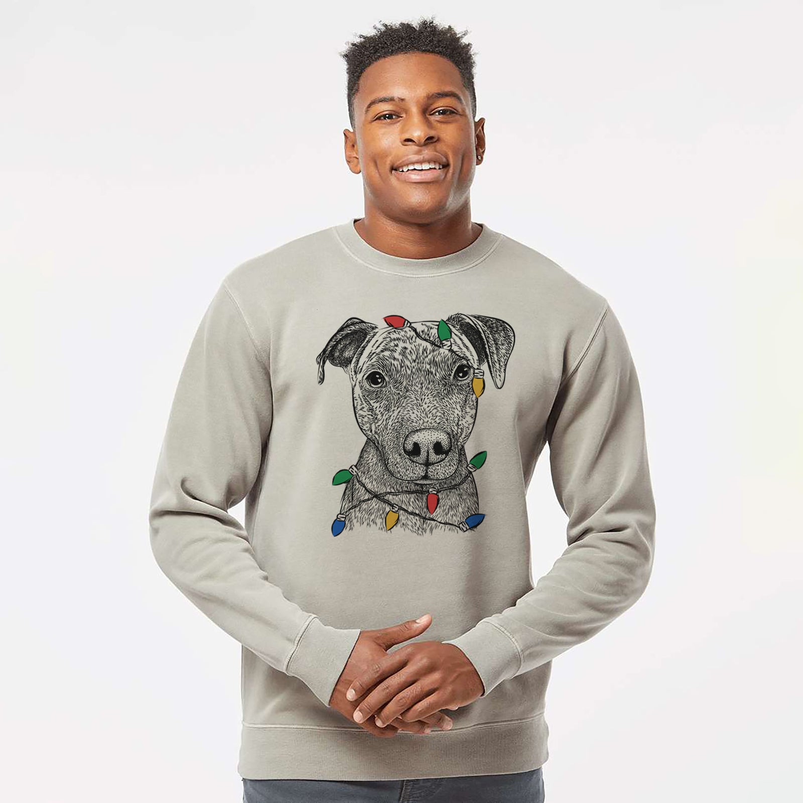 Hand-drawn sketch of Reeses the Pitbull wrapped in Christmas lights on a Cement Unisex pigment dyed crew sweatshirt