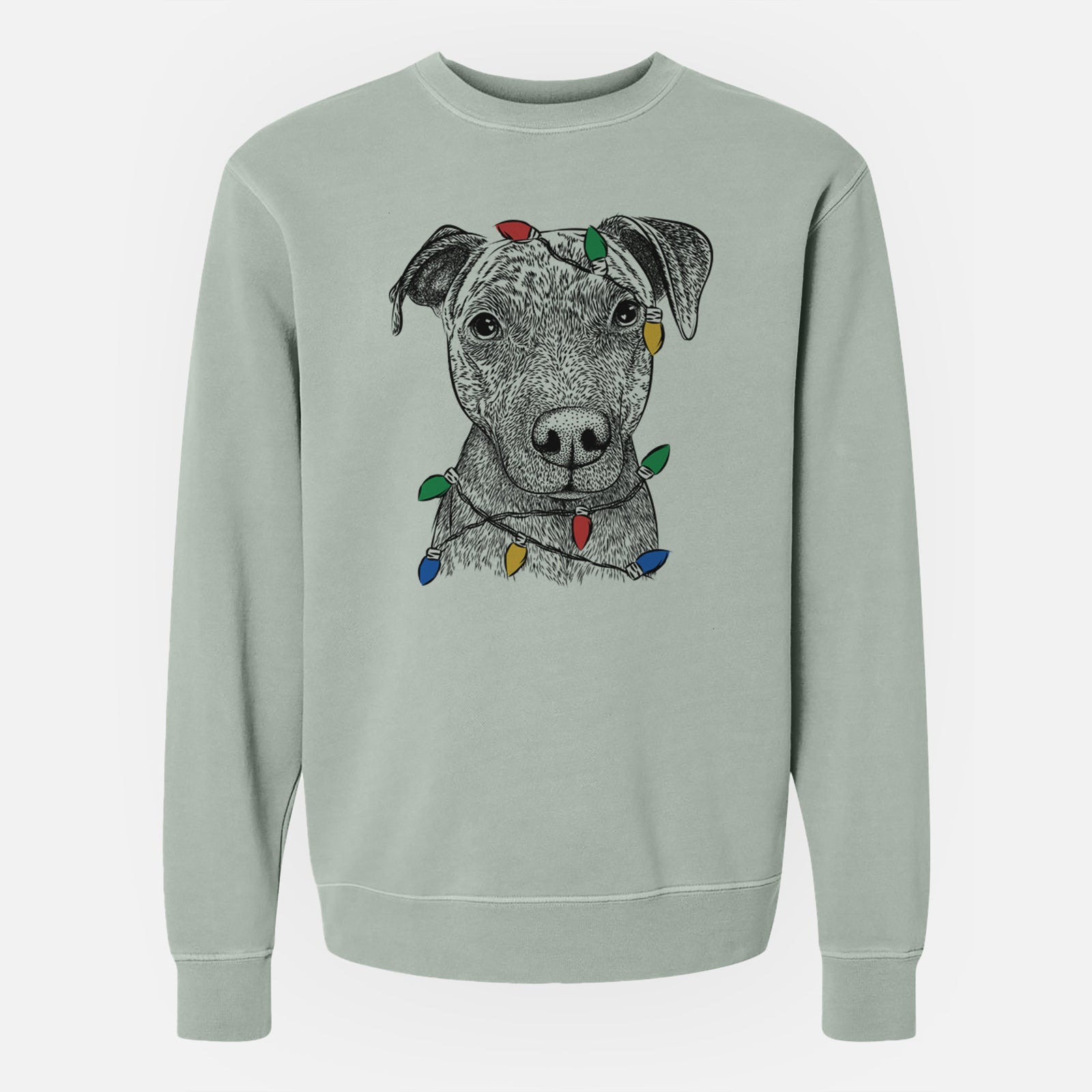 Hand-drawn sketch of Reeses the Pitbull wrapped in Christmas lights on a Sage Unisex pigment dyed crew sweatshirt