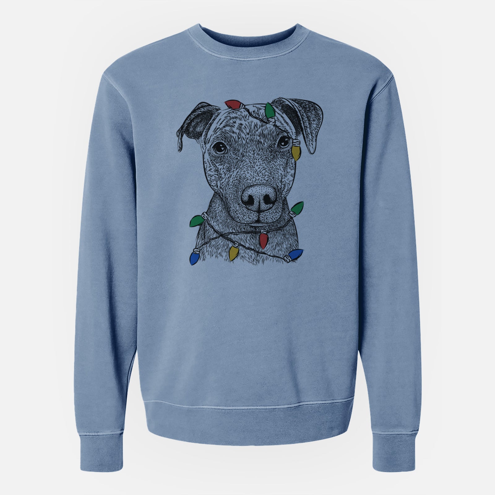 Hand-drawn sketch of Reeses the Pitbull wrapped in Christmas lights on a Slate Blue Unisex pigment dyed crew sweatshirt