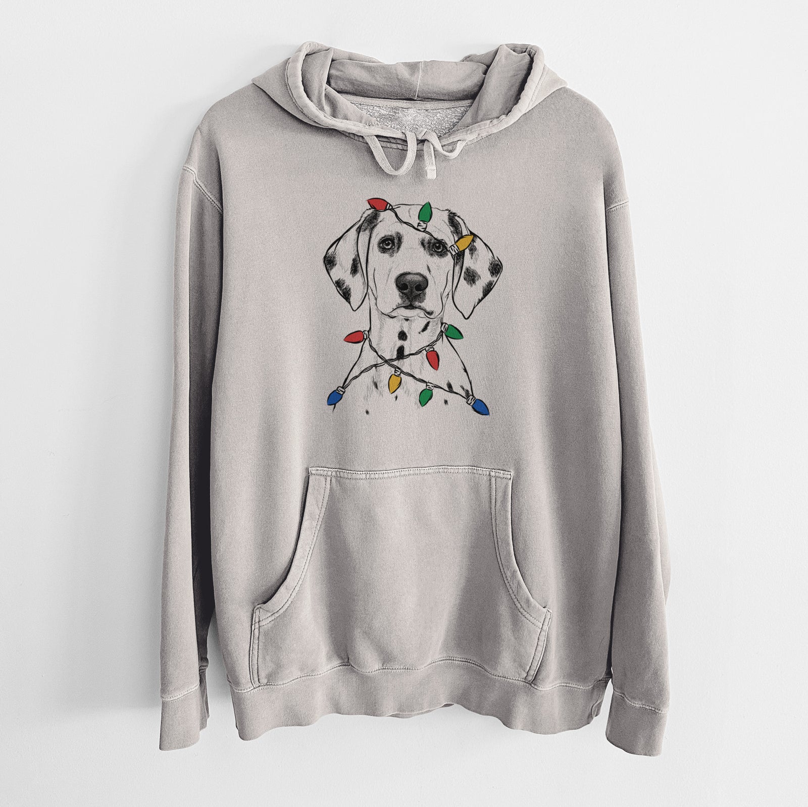 Hand-drawn sketch of Riot the Dalmatian wrapped in Christmas lights on a Cement Unisex pigment dyed hoodie