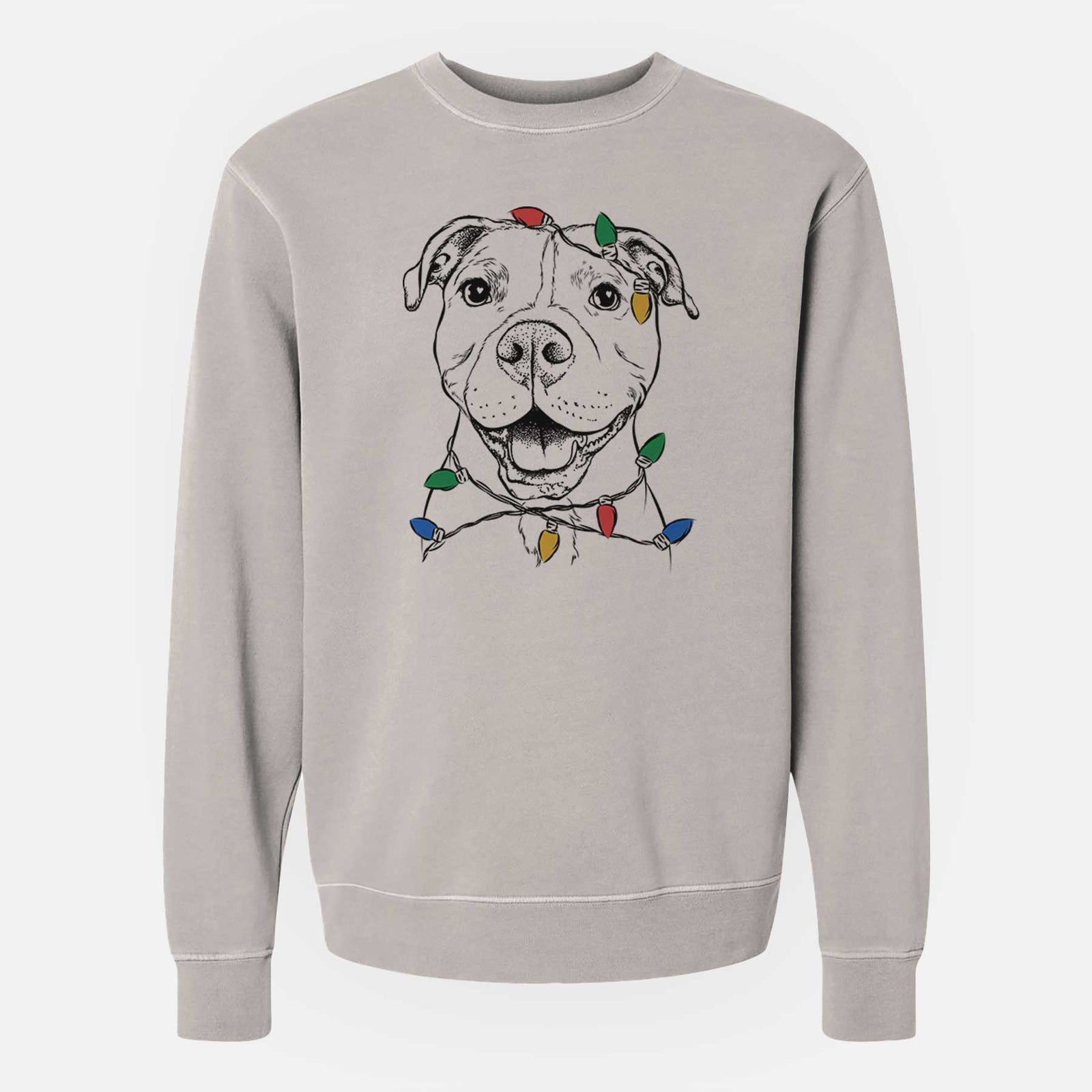 Hand-drawn sketch of Roscoe the Pitbull wrapped in Christmas lights on a Cement Unisex pigment dyed crew sweatshirt