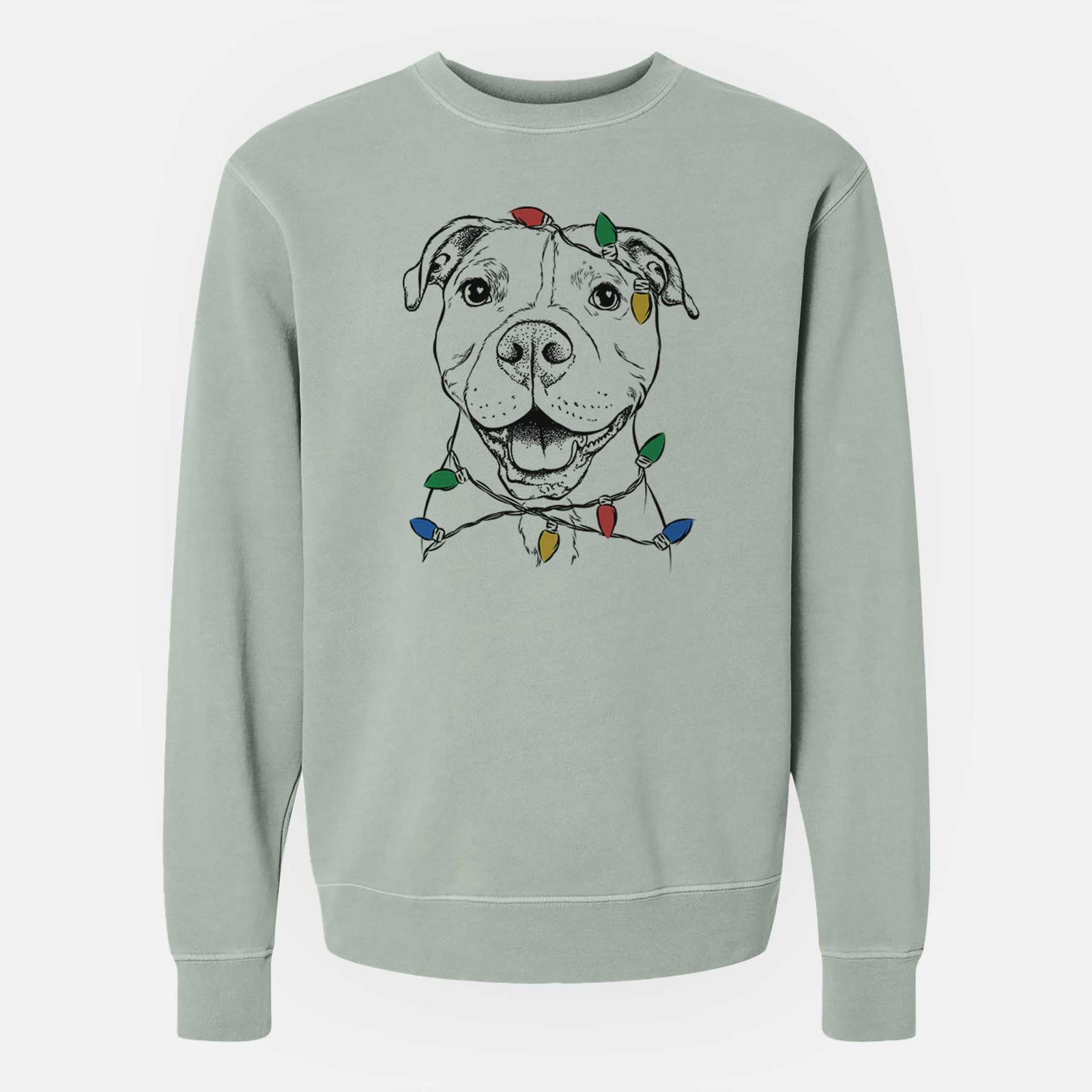 Hand-drawn sketch of Roscoe the Pitbull wrapped in Christmas lights on a Sage Unisex pigment dyed crew sweatshirt