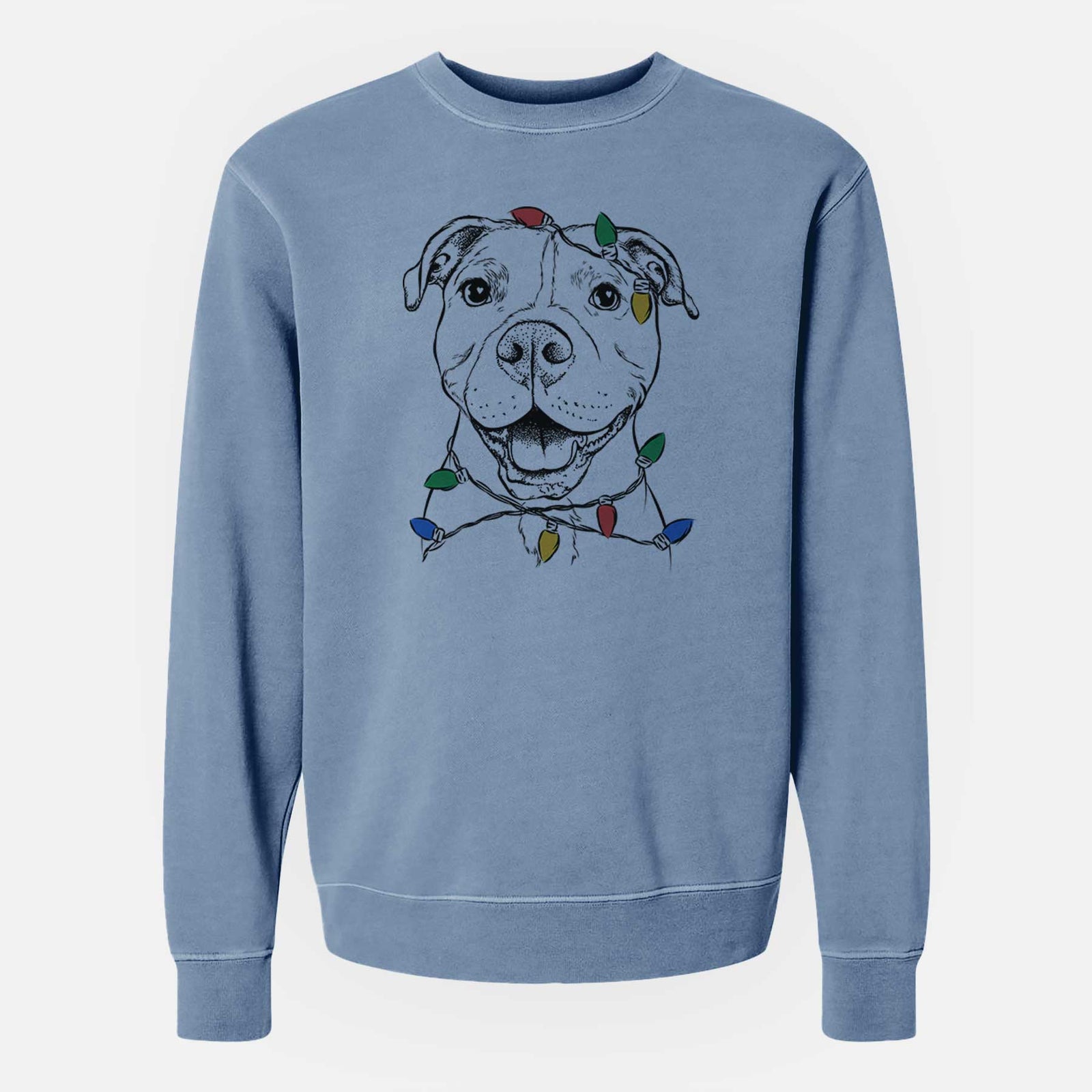 Hand-drawn sketch of Roscoe the Pitbull wrapped in Christmas lights on a Slate Blue Unisex pigment dyed crew sweatshirt