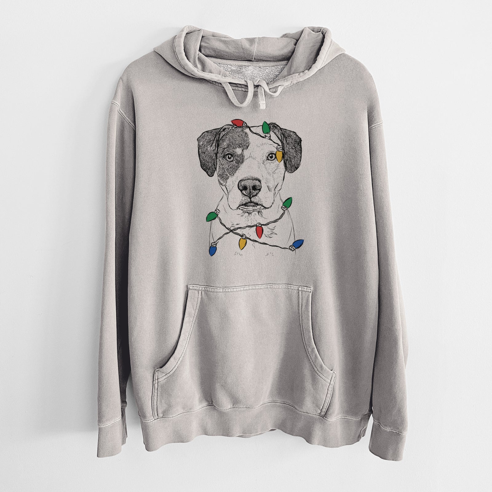 Hand-drawn sketch of Ryleigh the Beagle Pitbull Mix wrapped in Christmas lights on a Cement Unisex pigment dyed hoodie