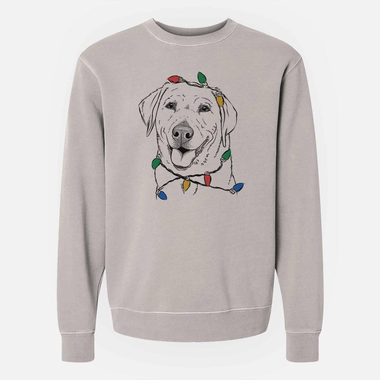 Hand-drawn sketch of Sanford the Labrador Retriever wrapped in Christmas lights on a Cement Unisex pigment dyed crew sweatshirt