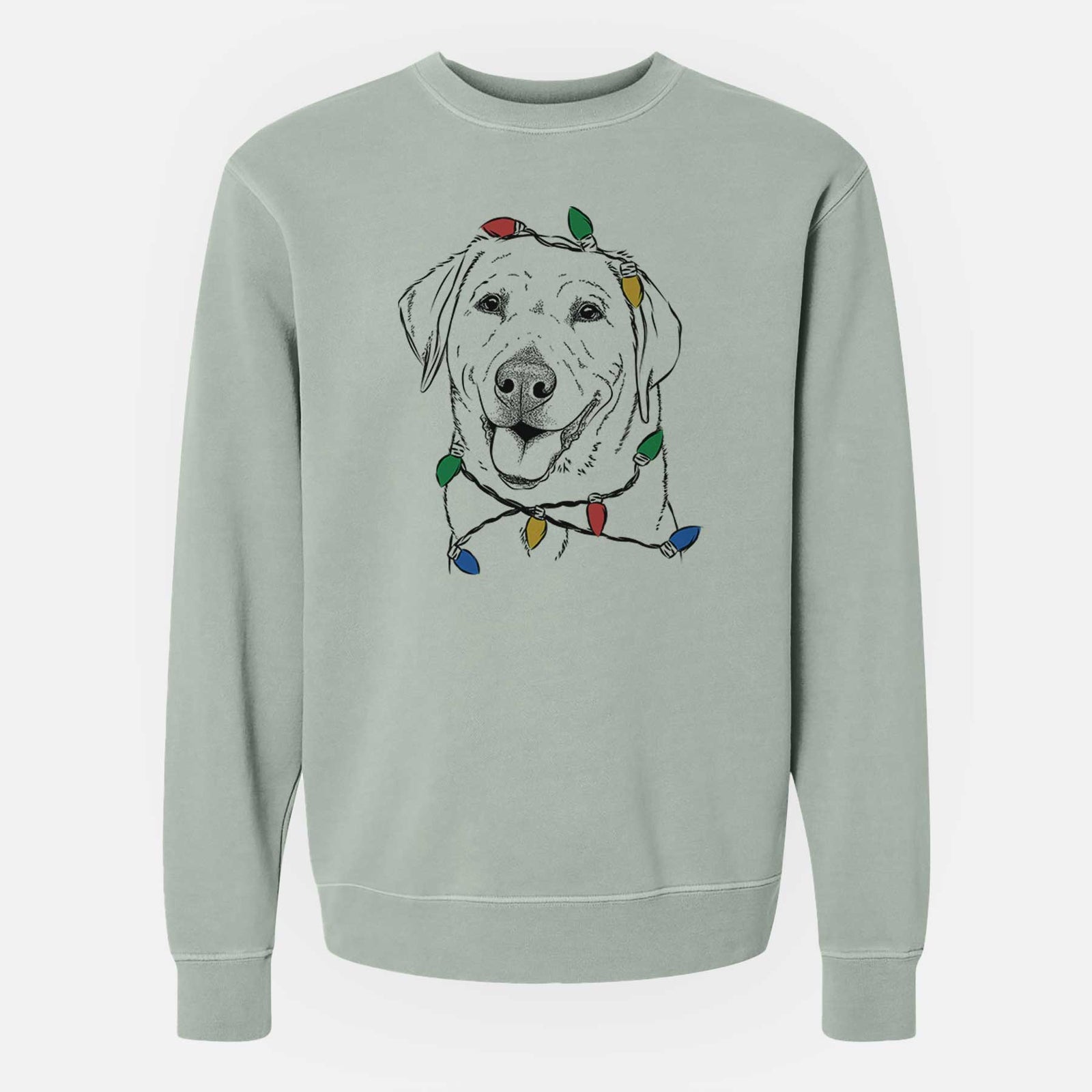 Hand-drawn sketch of Sanford the Labrador Retriever wrapped in Christmas lights on a Sage Unisex pigment dyed crew sweatshirt