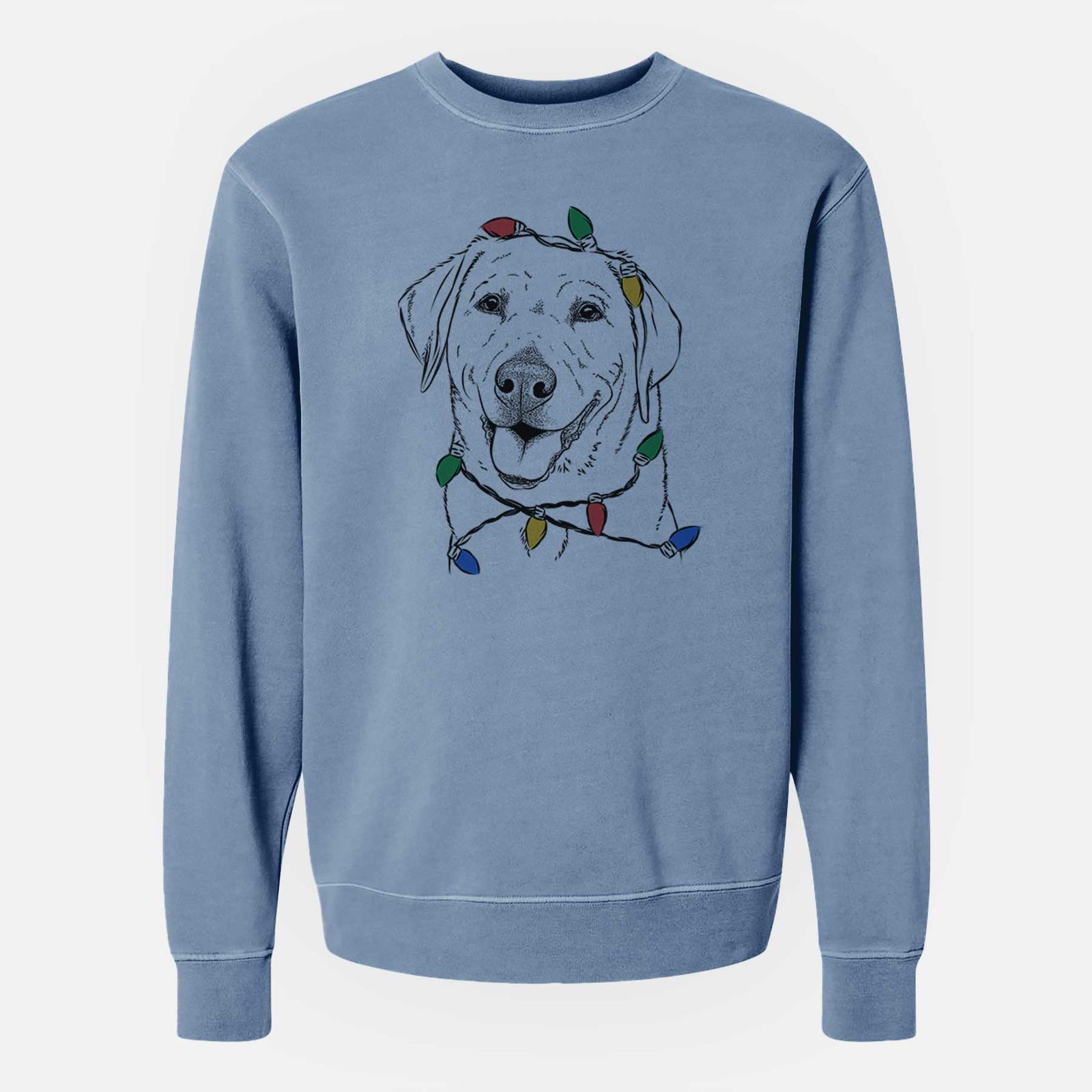 Hand-drawn sketch of Sanford the Labrador Retriever wrapped in Christmas lights on a Slate Blue Unisex pigment dyed crew sweatshirt