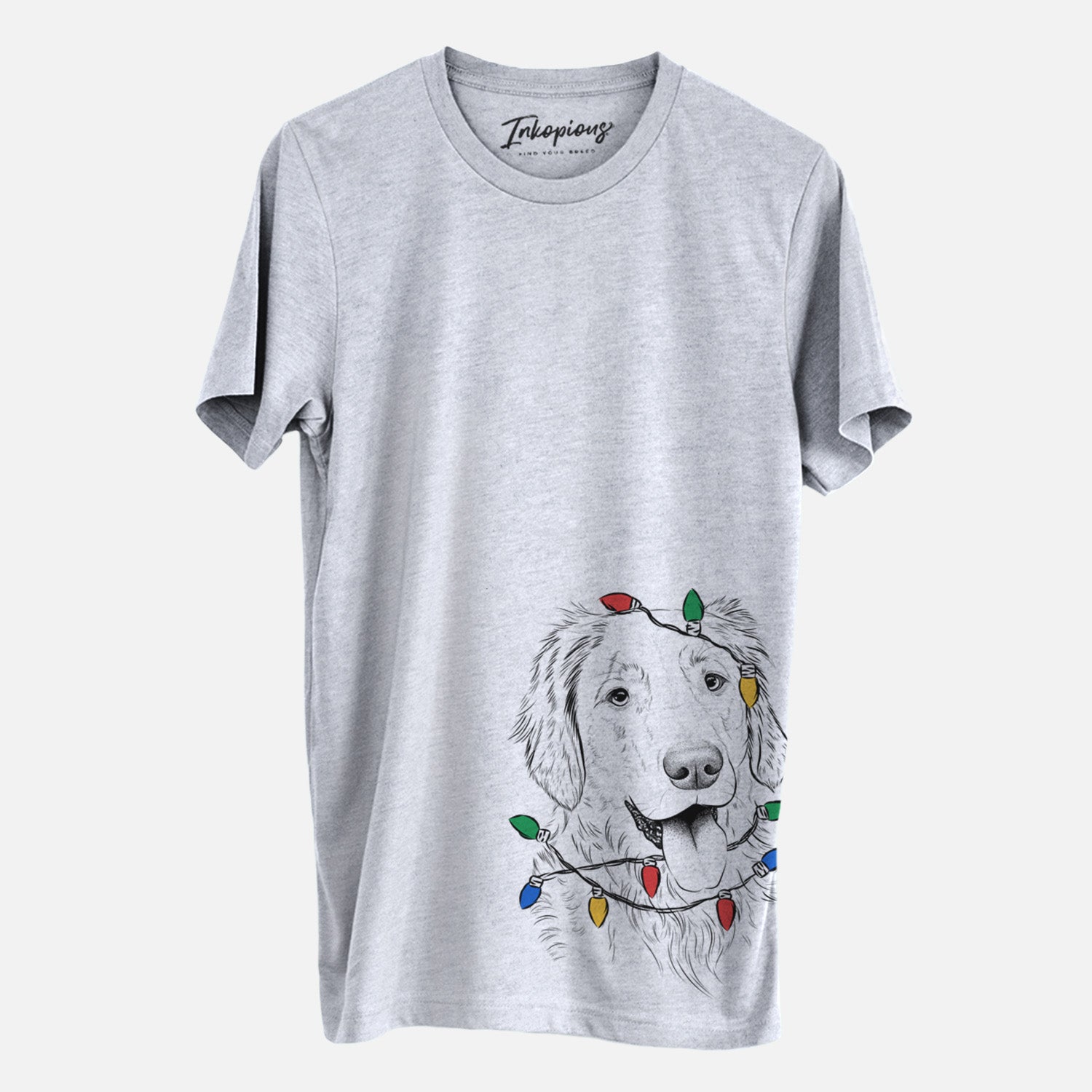 Hand-drawn sketch of Semba the Golden Retriever wrapped in Christmas lights on a Grey Unisex crewneck